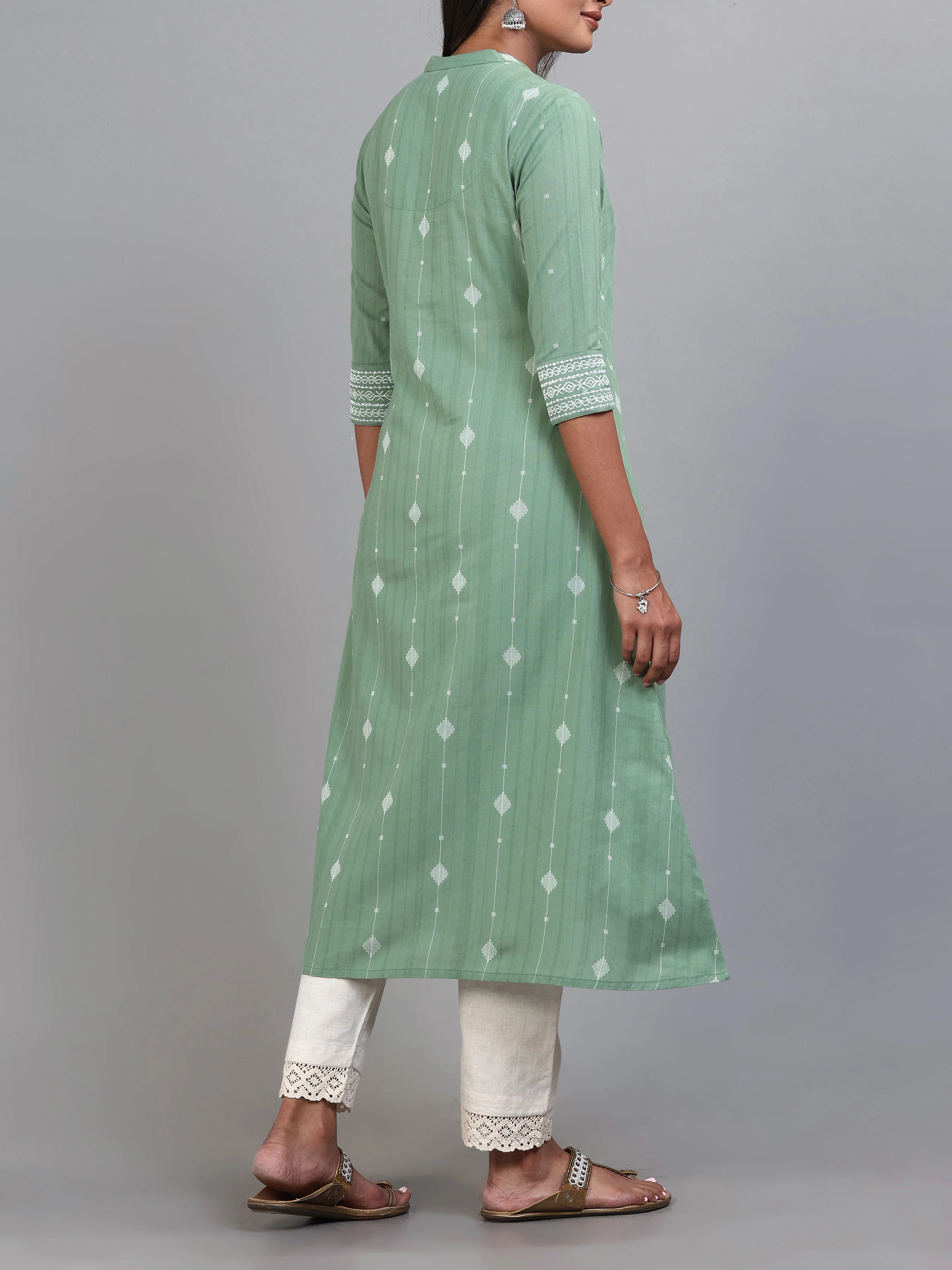 Mint Green Cotton Dobby Kurti With Embroidery - Image 6