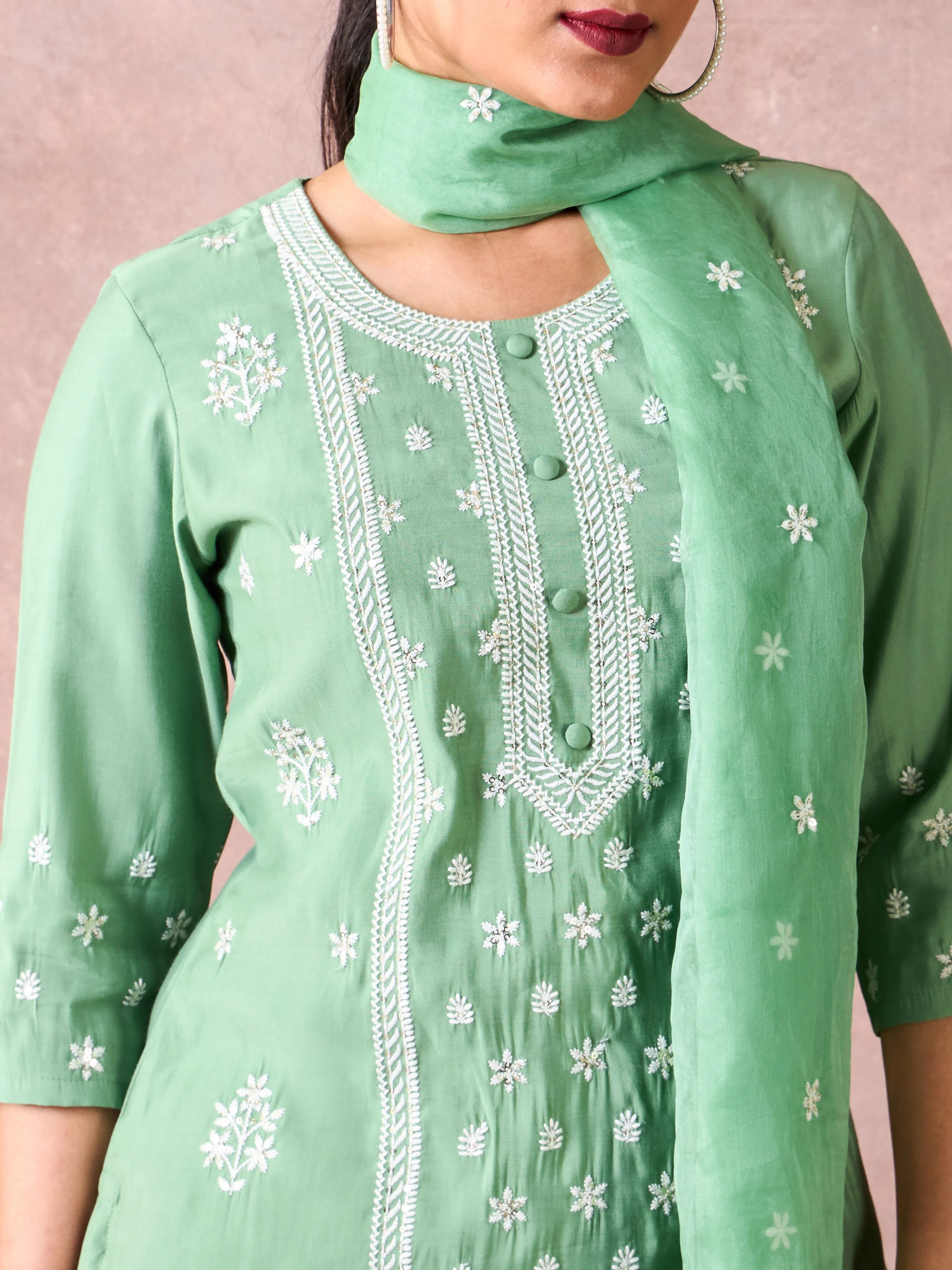 Mint Green Viscose Blend Kurti Set & Dupatta With Embroidery - Image 2