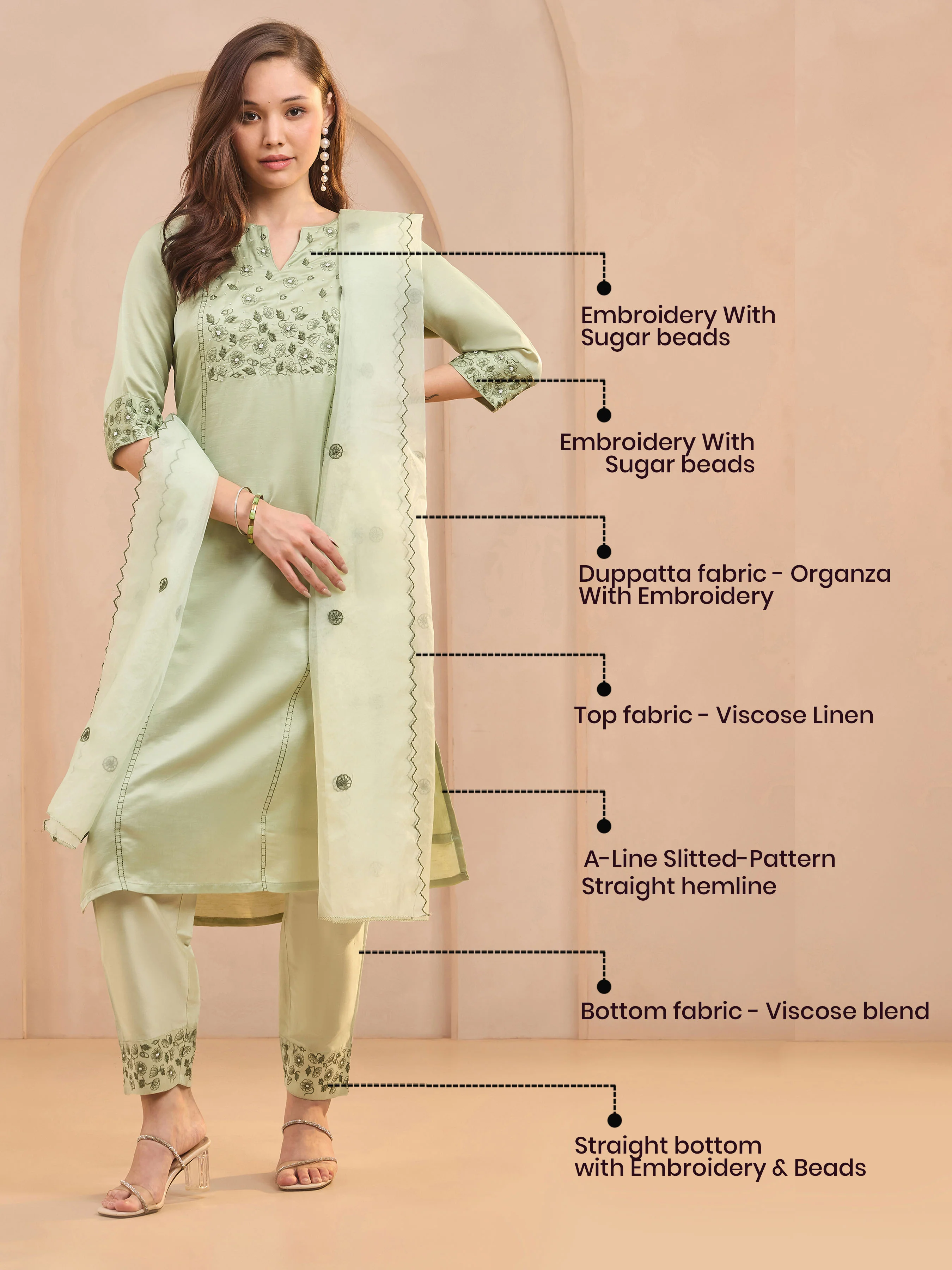 Mint Green Viscose Linen Kurti Set & Dupatta With Handwork Embroidery - Image 6
