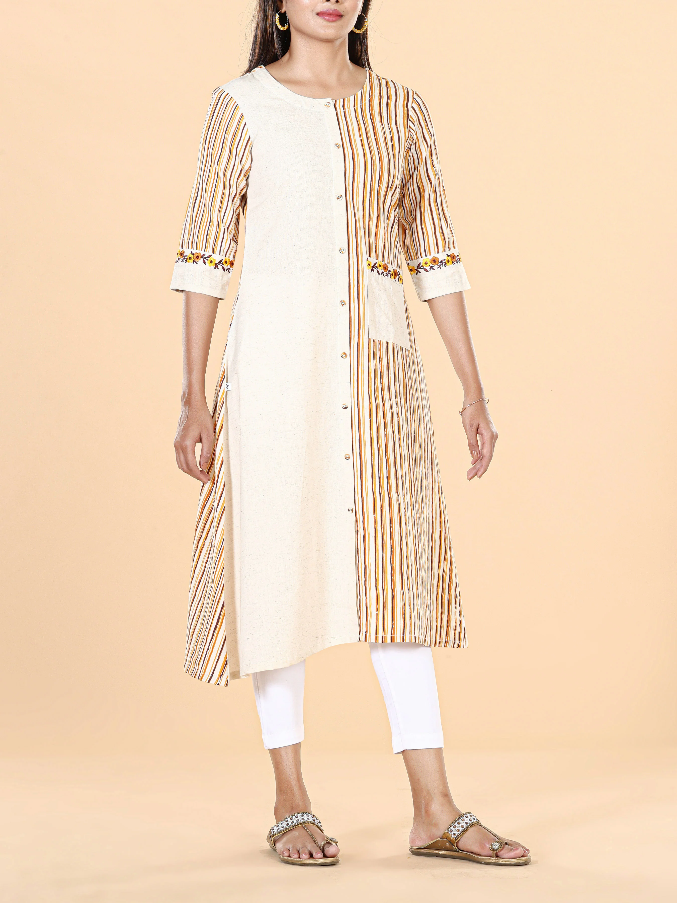 Multi-Color Cotton Flax Printed Kurti With Embroidery - Image 4
