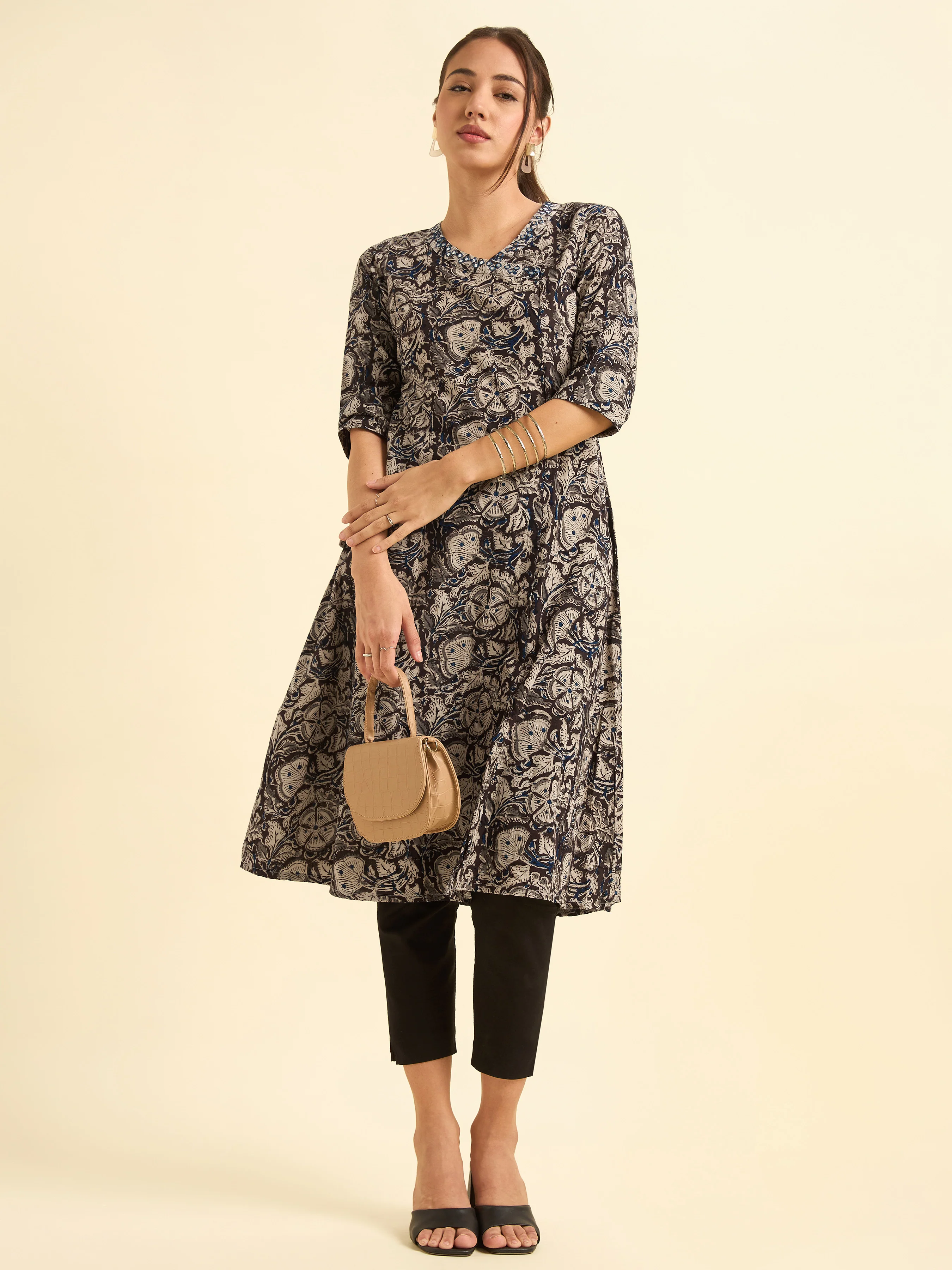 Multi Colour Angrakha Printed Flared Kurti With Mirror Work