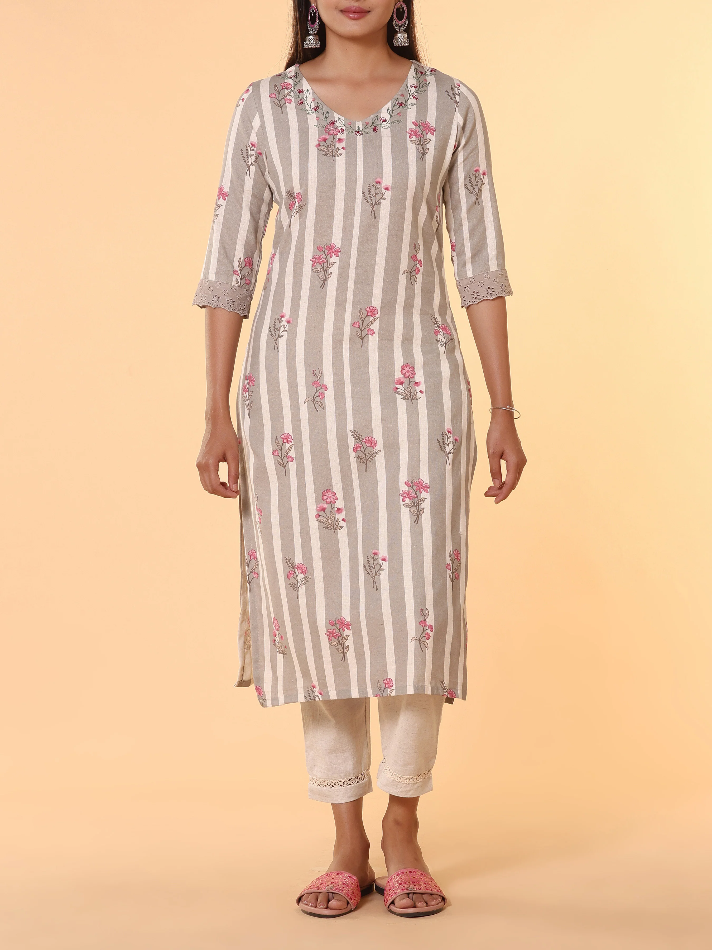 Multi Colour Cotton Flax Printed Kurti With Embroidery And Lace Detailing