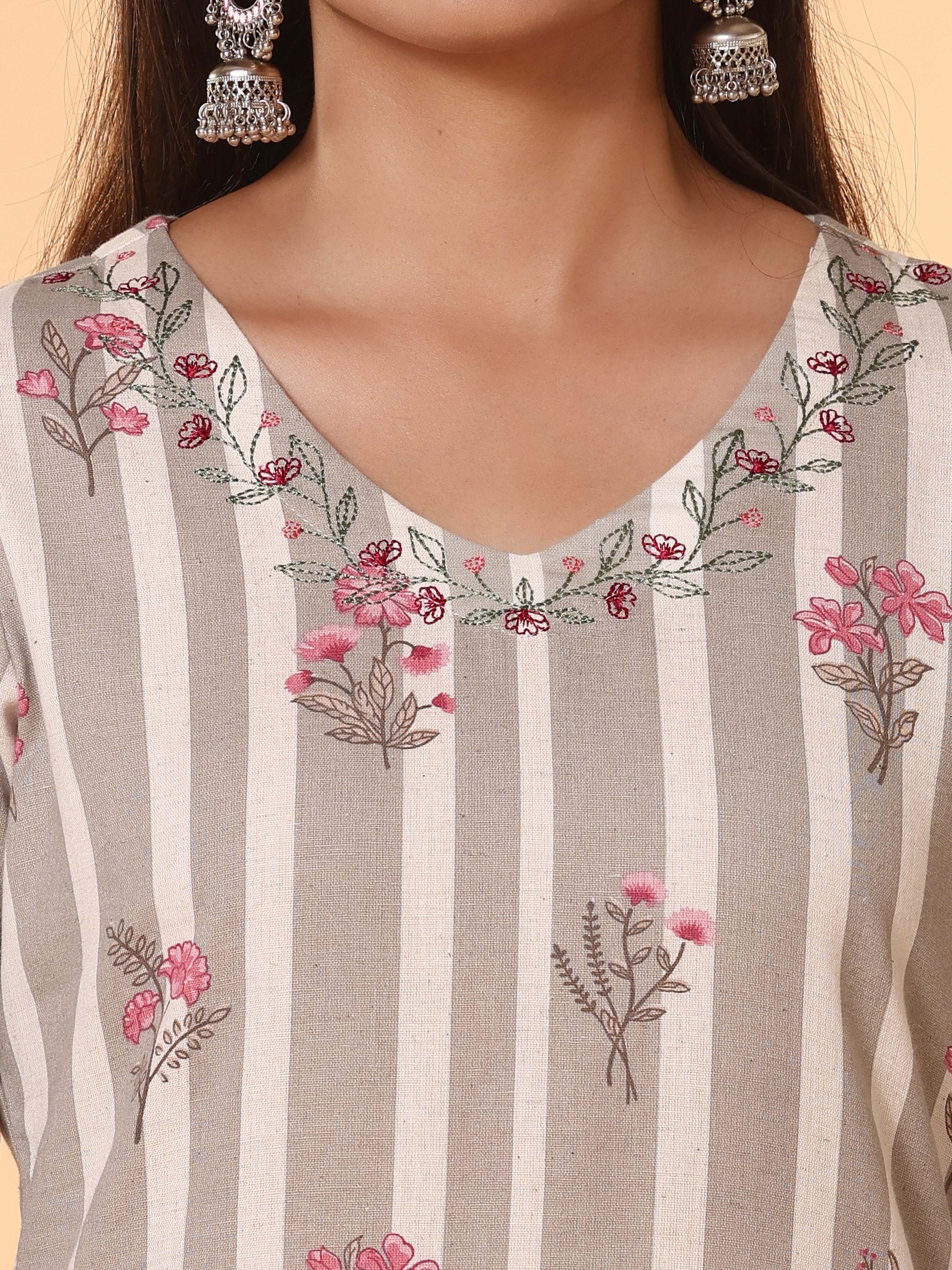 Multi Colour Cotton Flax Printed Kurti With Embroidery And Lace Detailing - Image 2