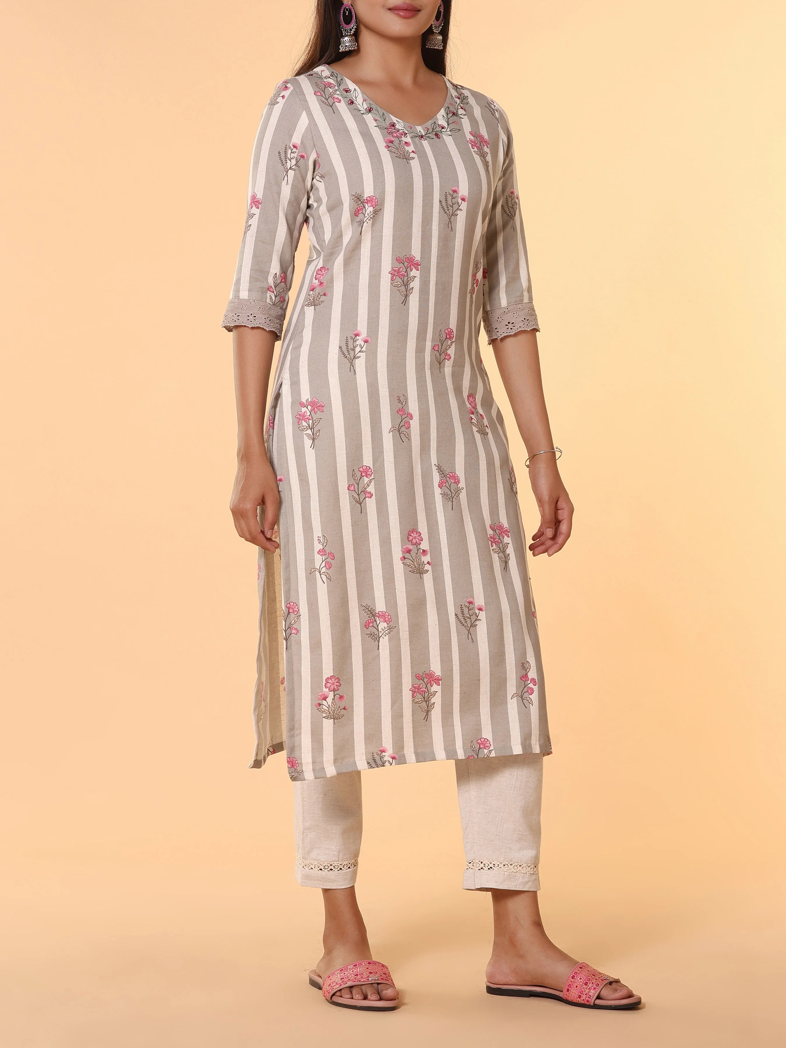 Multi Colour Cotton Flax Printed Kurti With Embroidery And Lace Detailing - Image 3