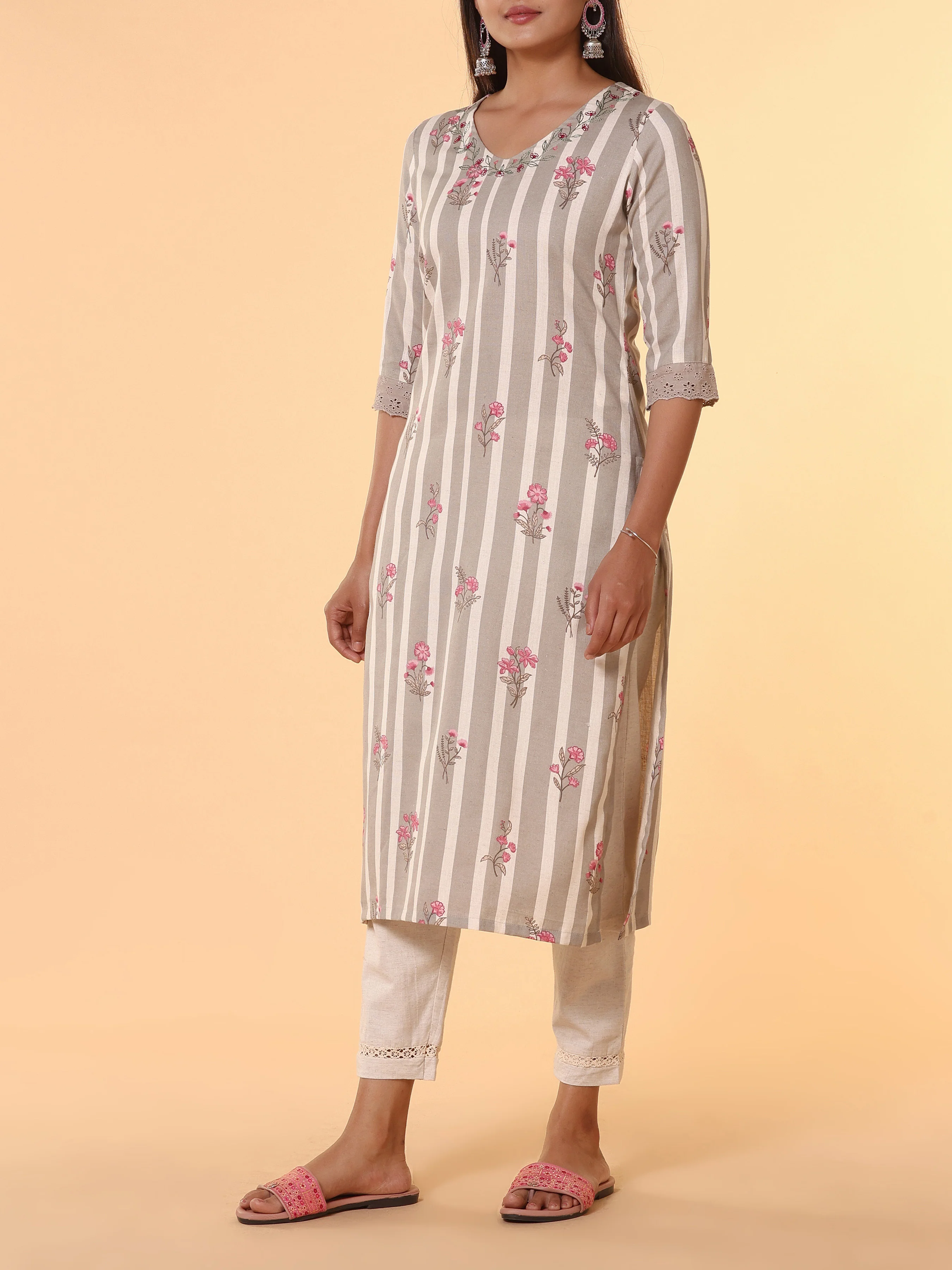 Multi Colour Cotton Flax Printed Kurti With Embroidery And Lace Detailing - Image 4