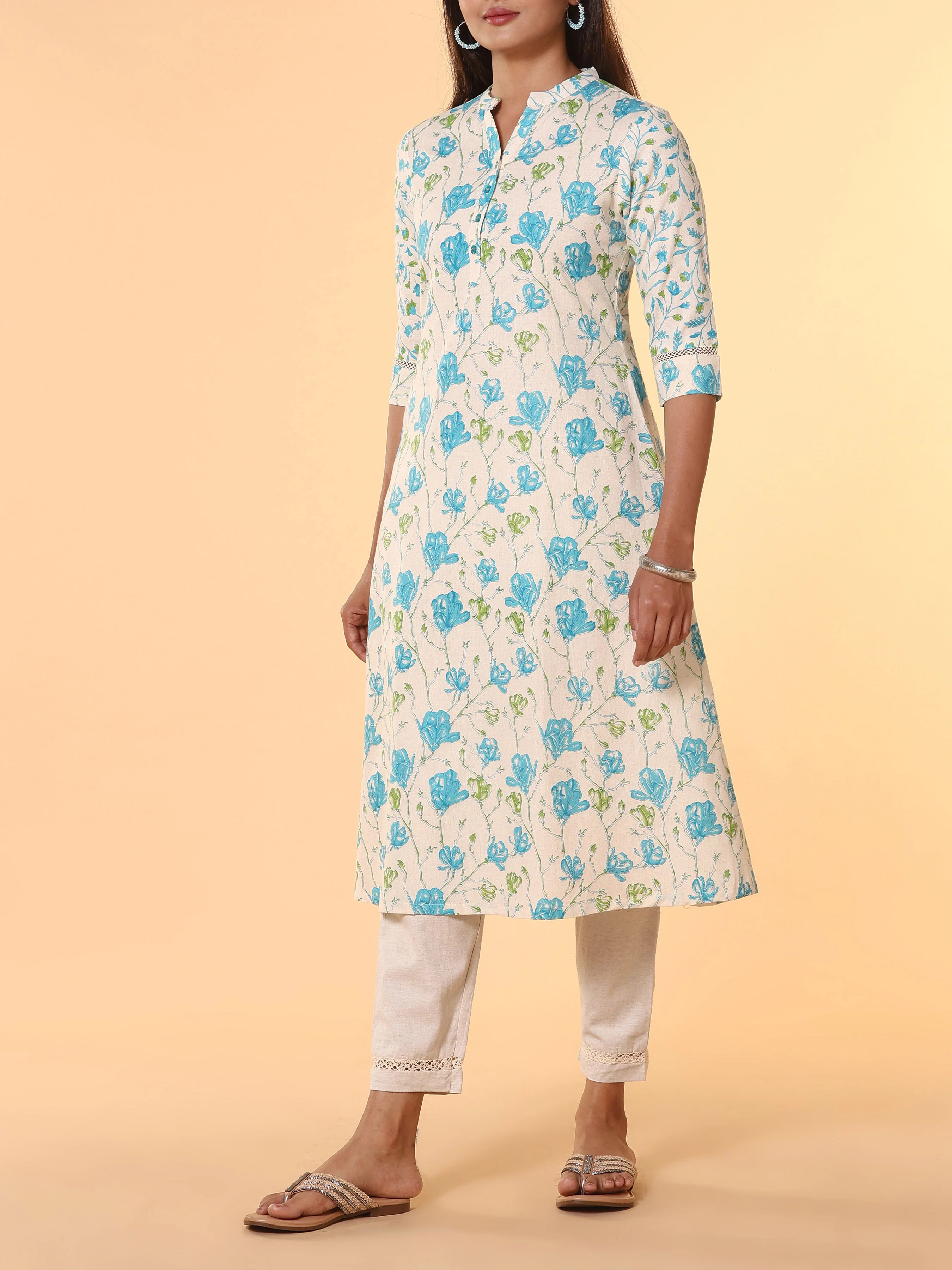 Multi Colour Cotton Flax Printed Kurti With Lace Detailing - Image 4