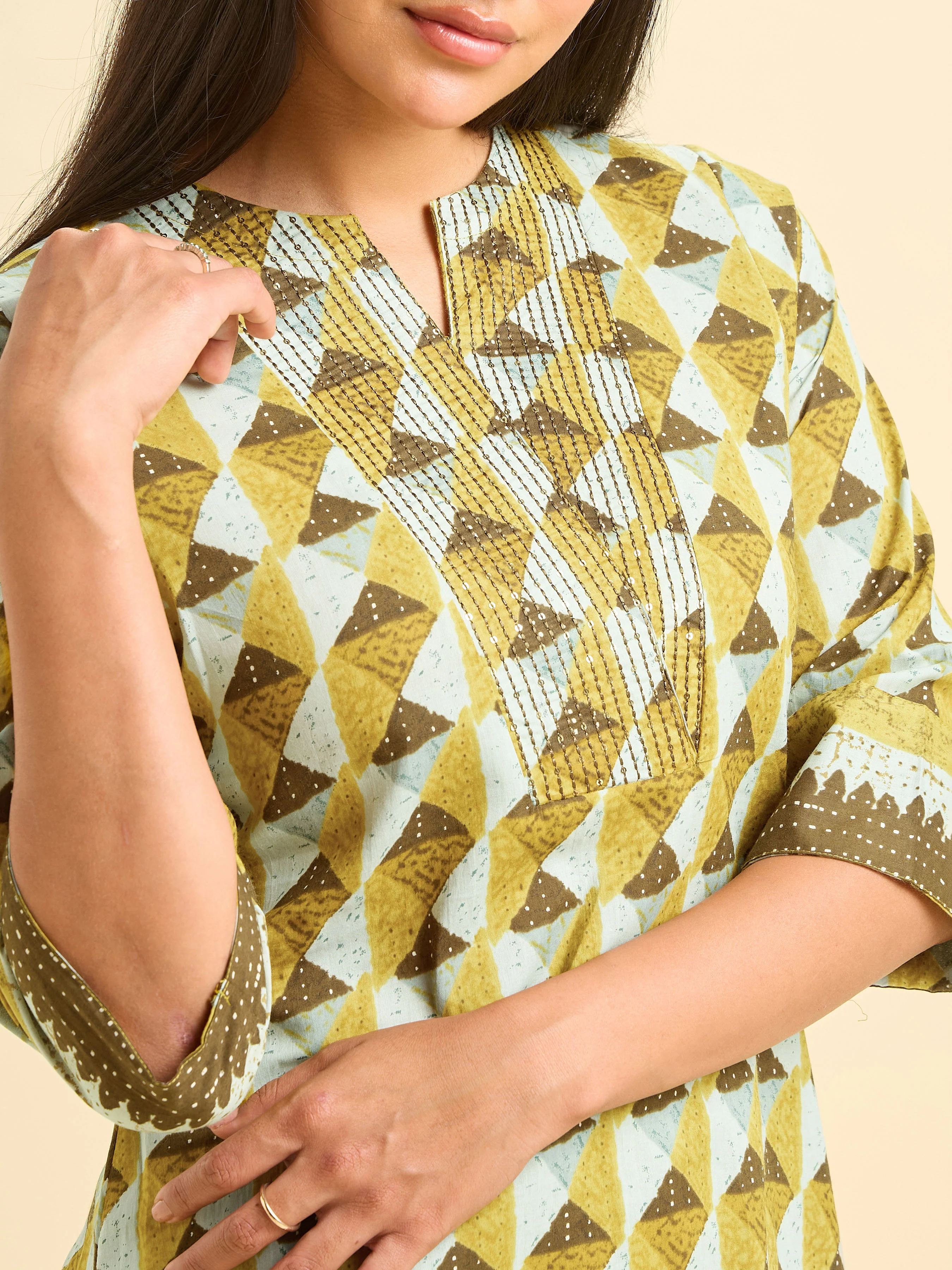 Multi Colour Cotton Printed Kurti Set With Sequins Embroidery - Image 2