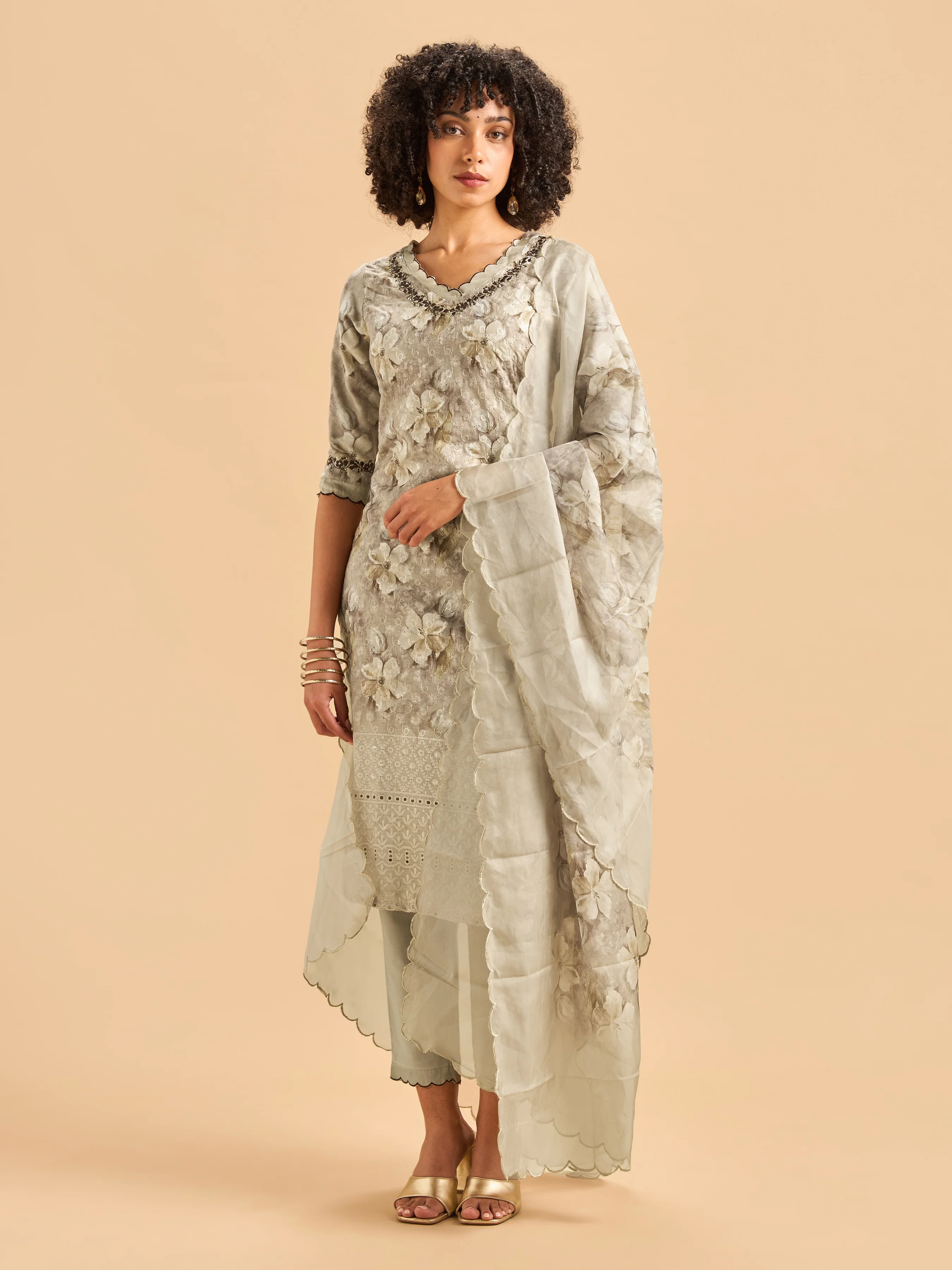 Multi Colour Cotton Schiffely Printed Kurti set & Dupatta With Hand Work