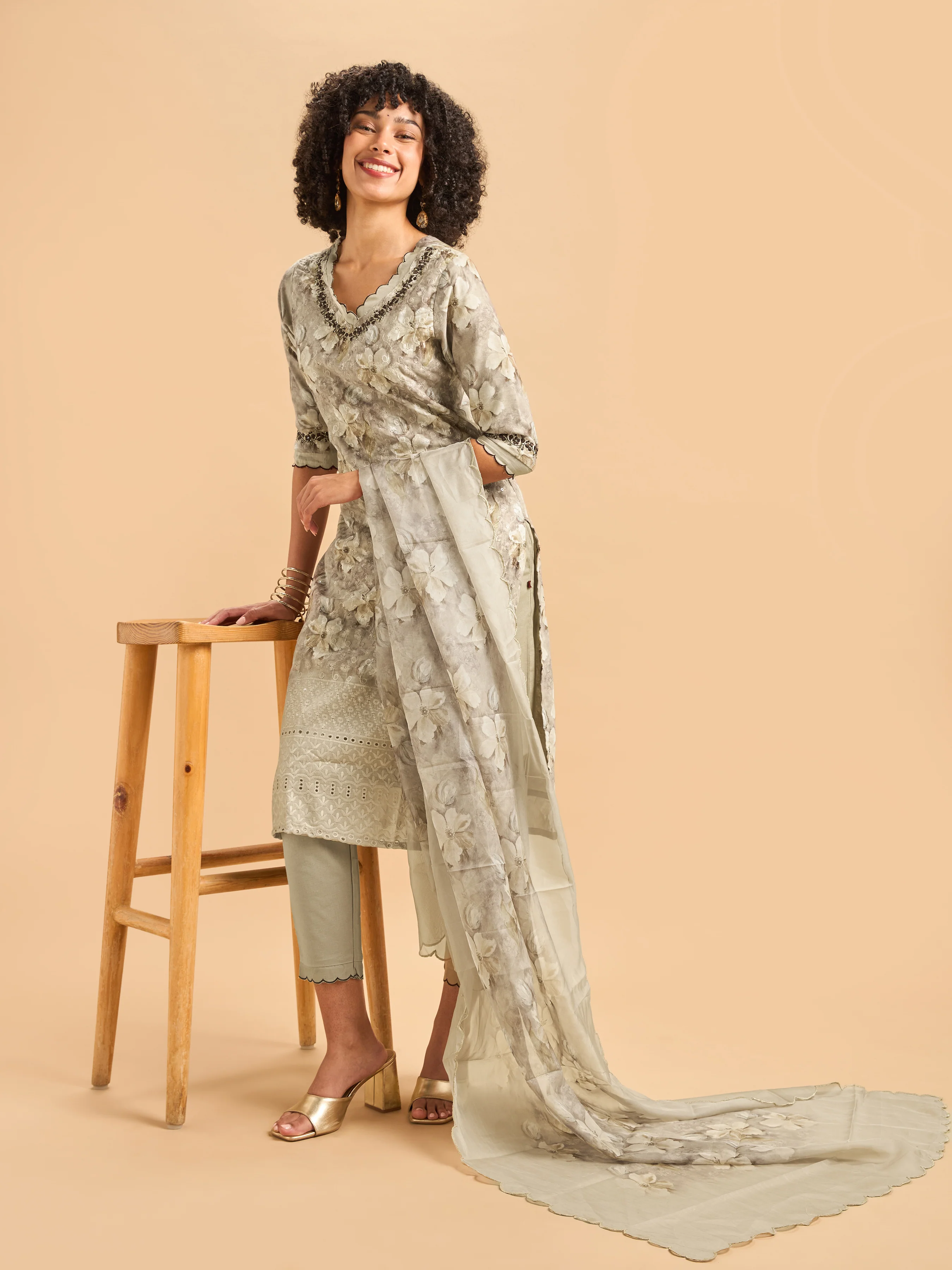 Multi Colour Cotton Schiffely Printed Kurti set & Dupatta With Hand Work - Image 3