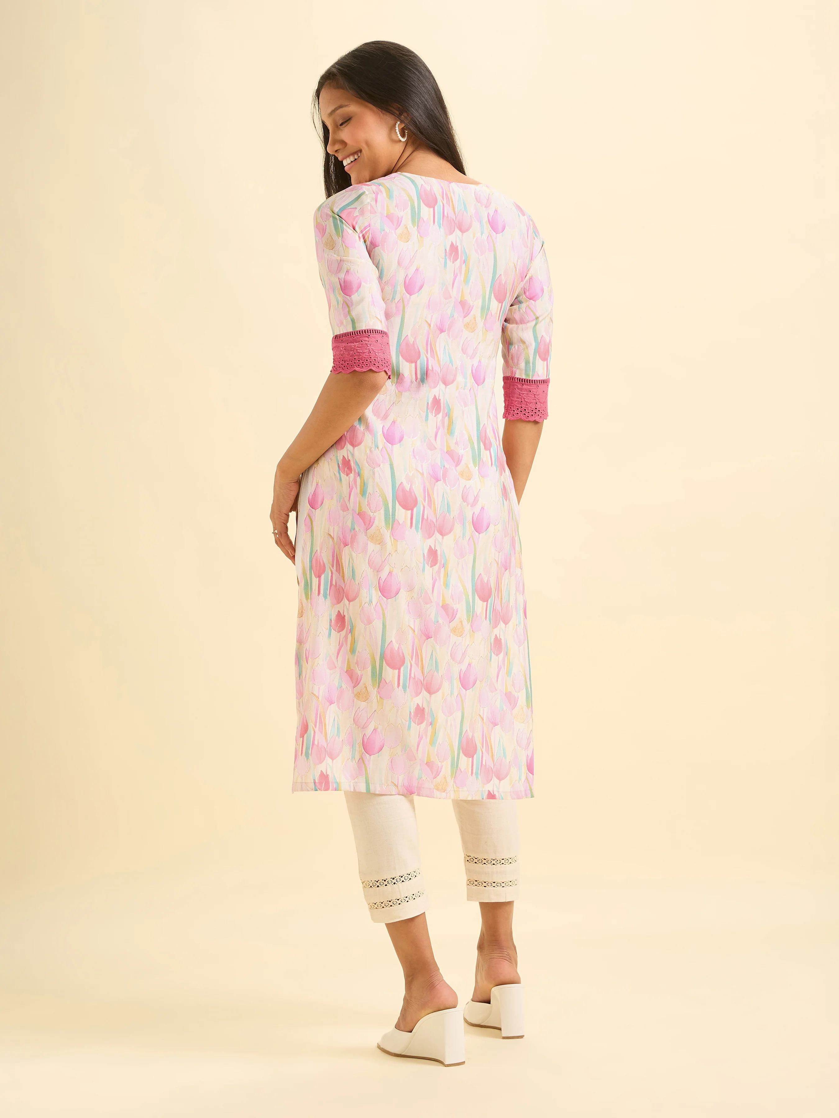 Multi Colour Modal Chanderi Printed Slitted Kurti With Embroidery And Lace - Image 6
