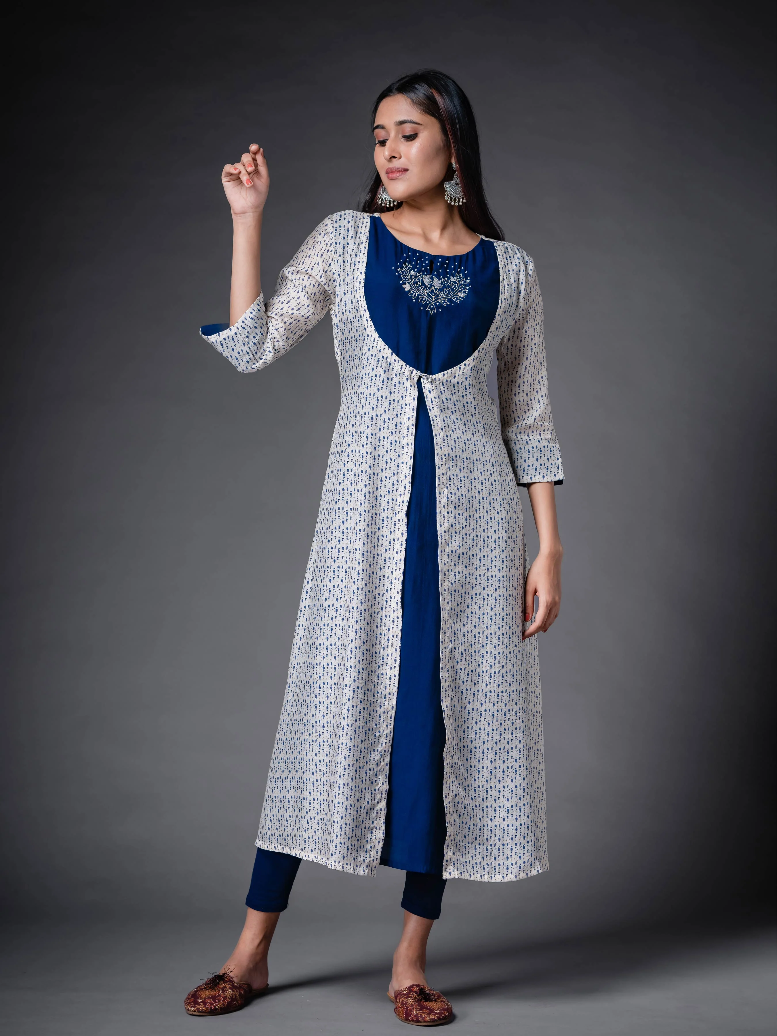 Multi-Colour Muslin Silk Printed Kurti With Handwork And Overcoat