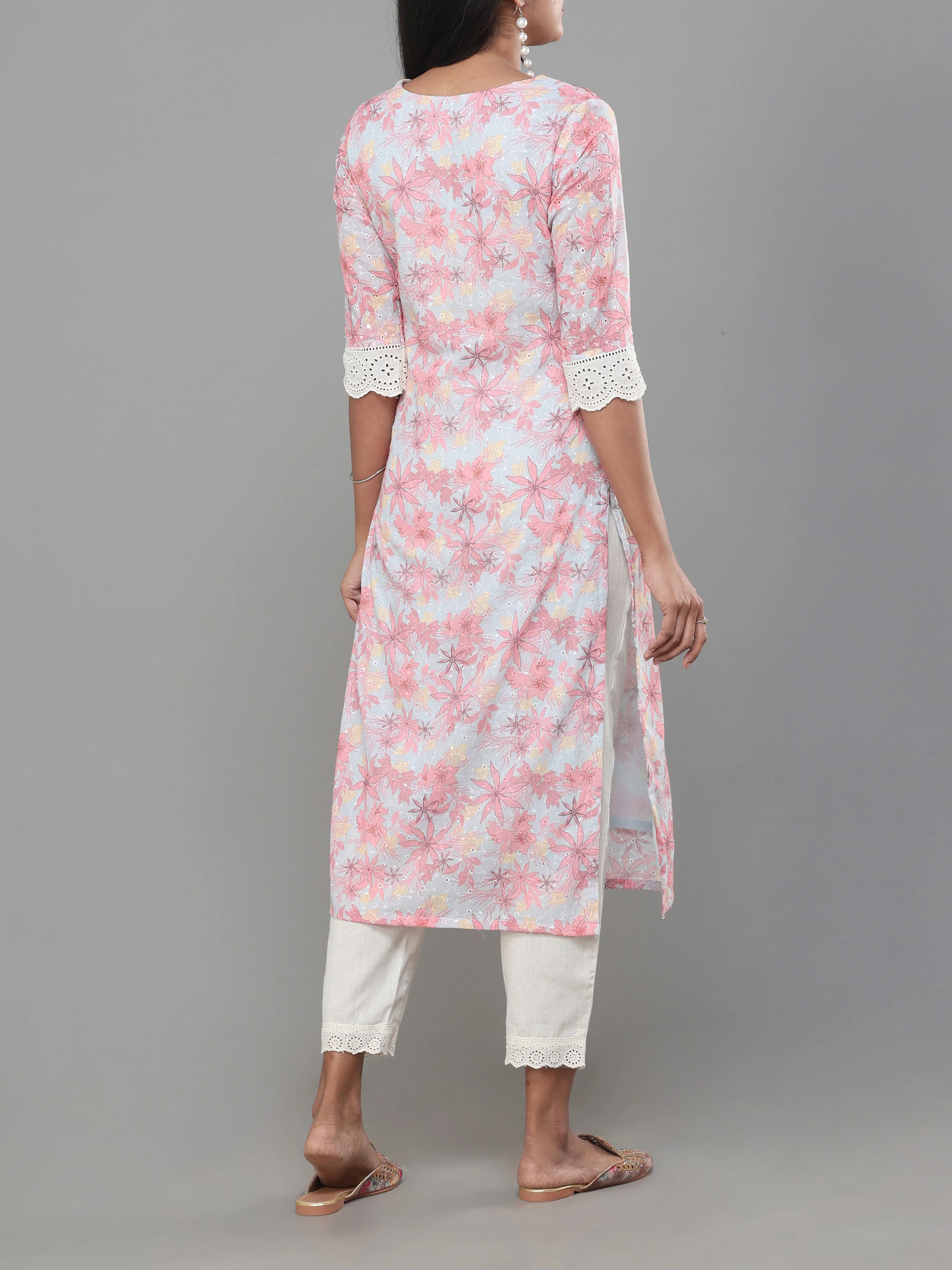 Multi Colour Poly Cotton Schiffli Printed Kurti With Embroidery And Matching Bottom - Image 6