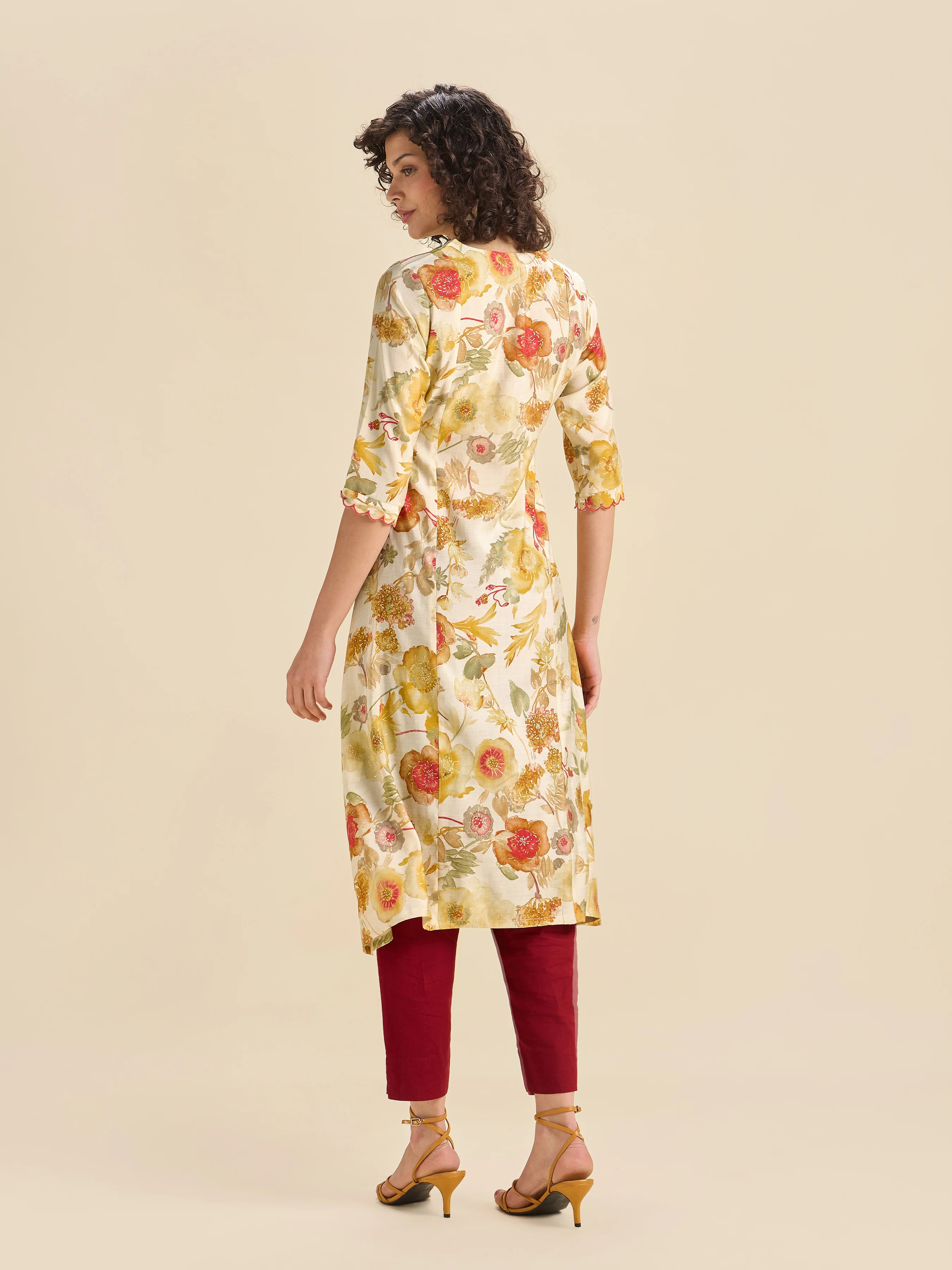 Multi Coloured Modal Chanderi Printed Flared Center Panel Kurti With Mirror Work & Scalloped Embroidery - Image 5