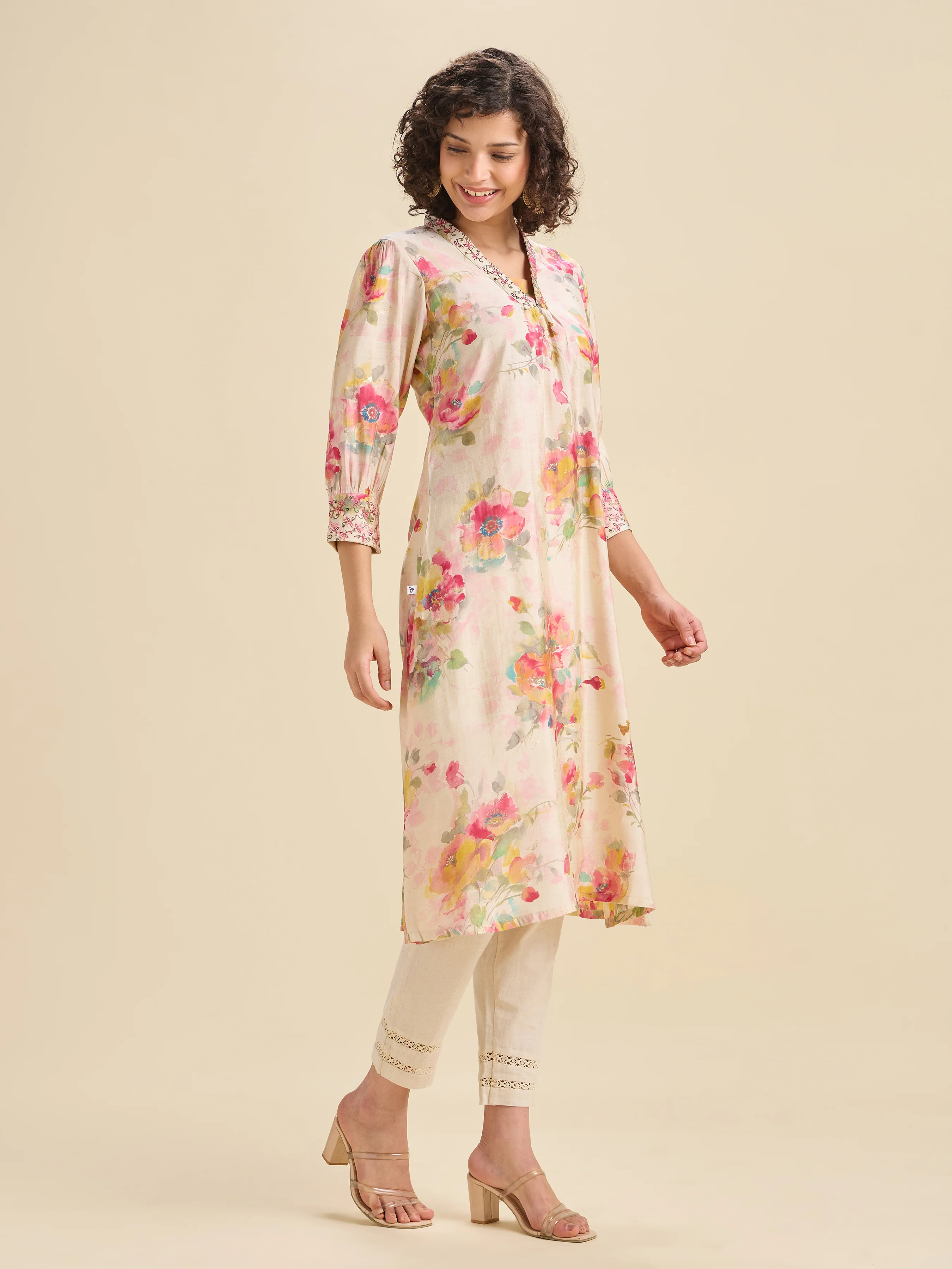 Multi Coloured Modal Chanderi Printed Kurti With Sequins Embroidery - Image 5