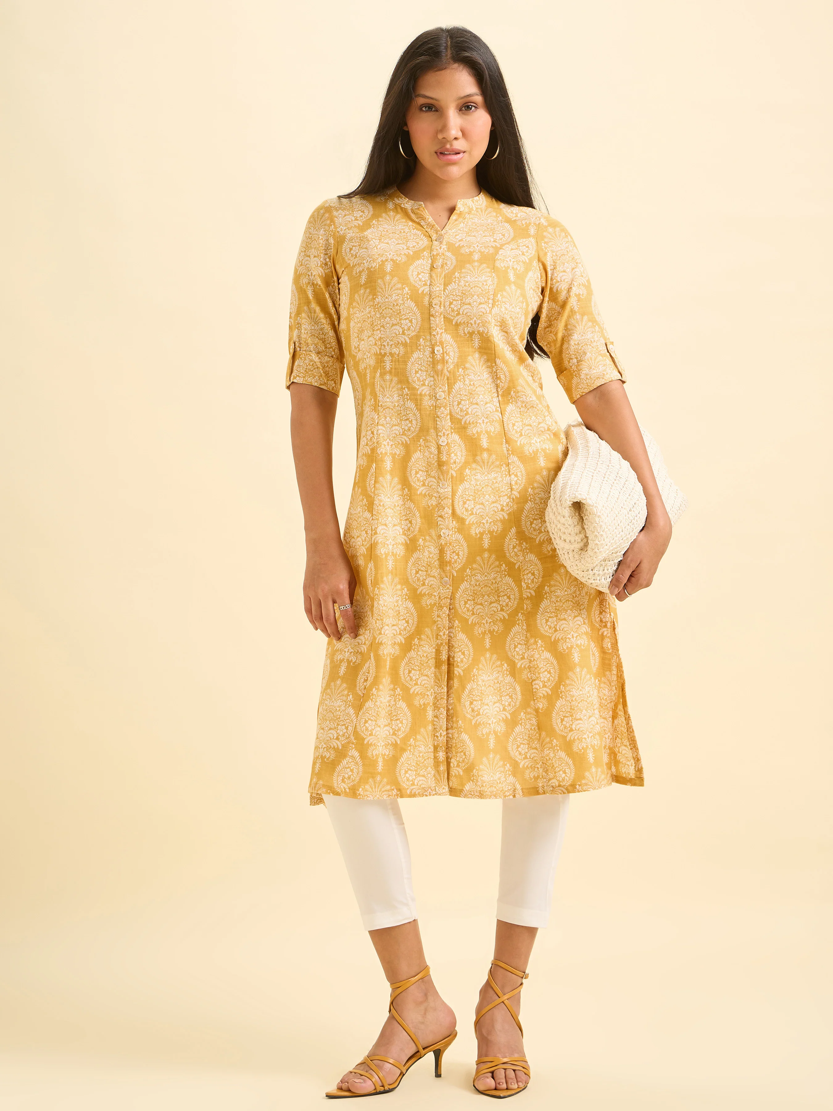 Mustard And White Cotton Slub Printed Flared Kurti With Princess Cut - Image 3