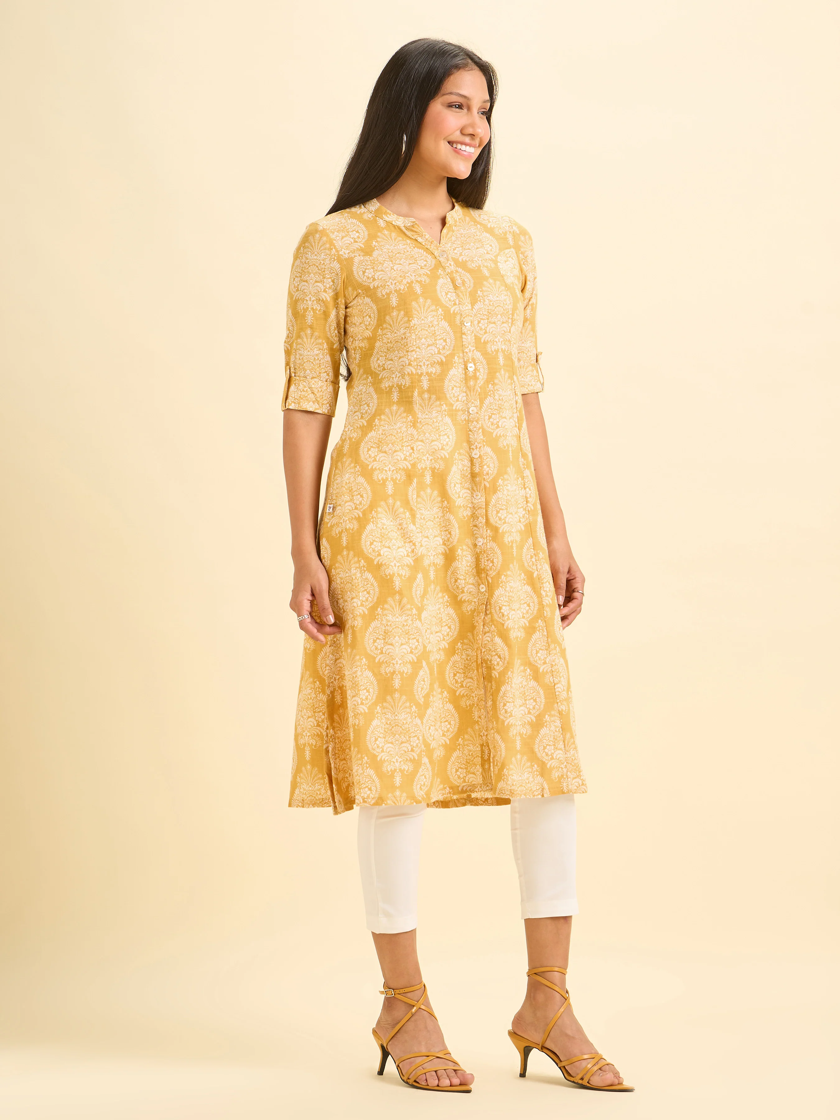 Mustard And White Cotton Slub Printed Flared Kurti With Princess Cut - Image 4