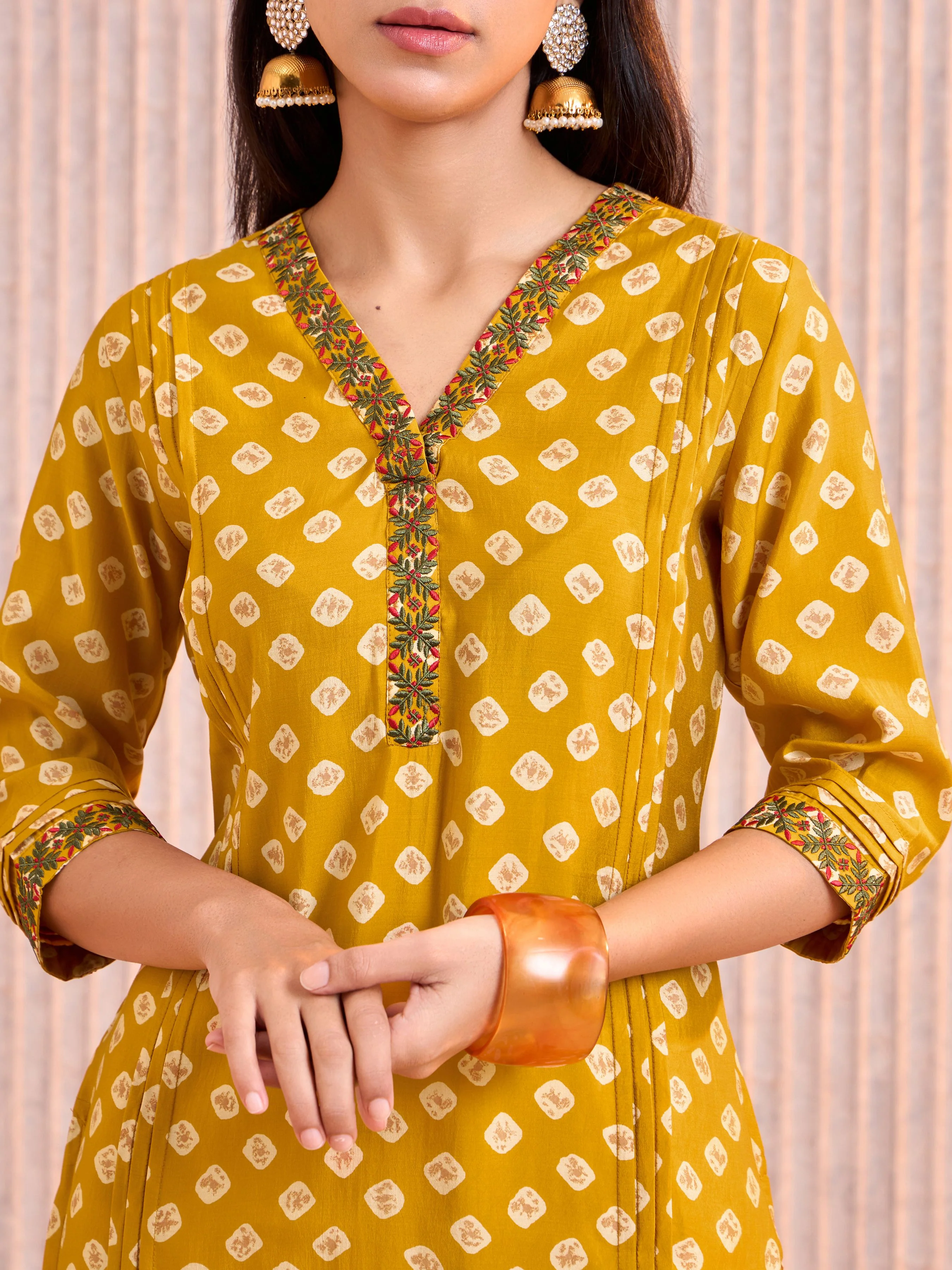 Mustard Modal Chanderi Printed Kurti With Pleats And Embroidery Work - Image 2