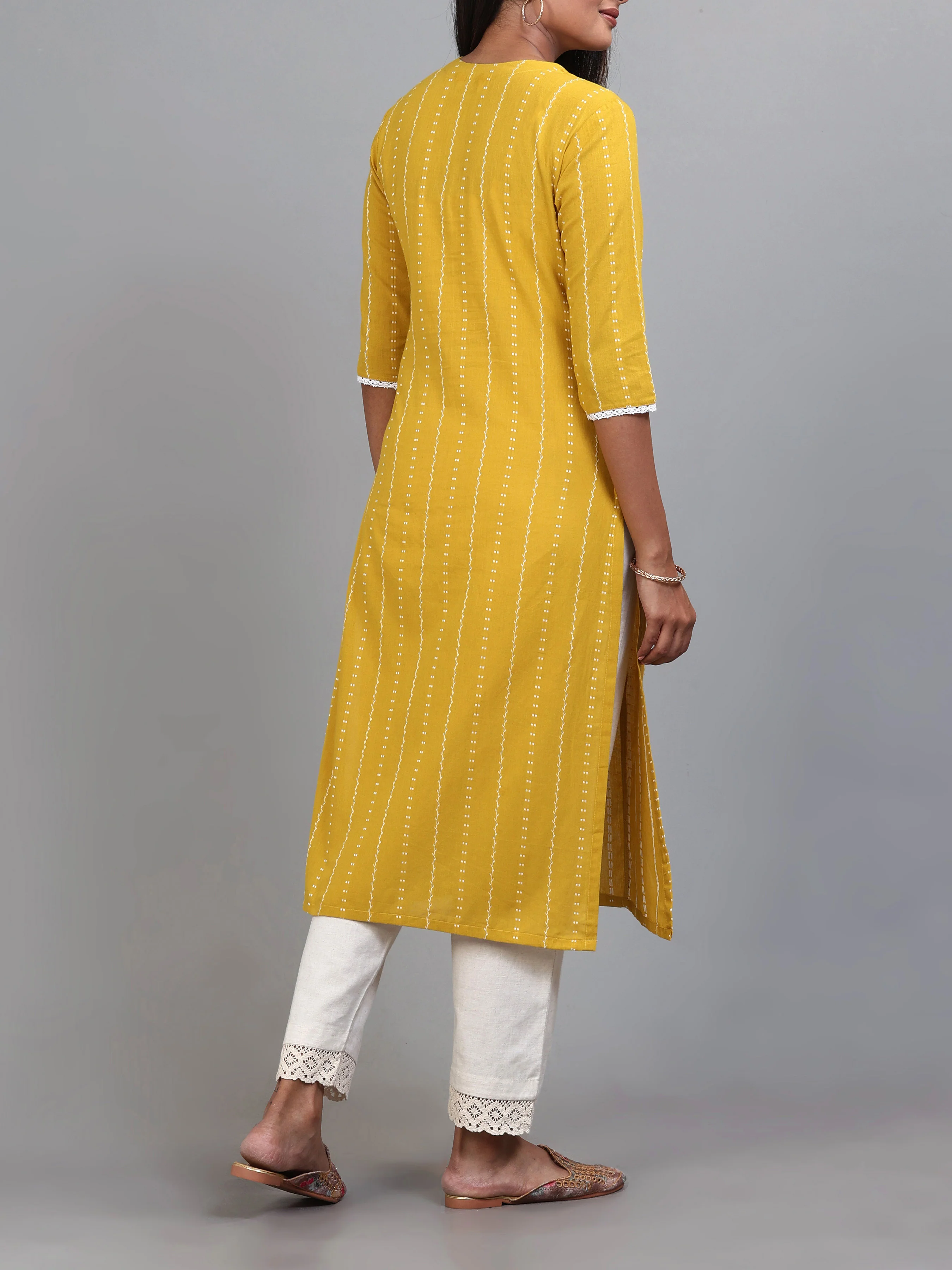 Mustard Yellow Cotton Dobby Kurti With Embroidery - Image 5