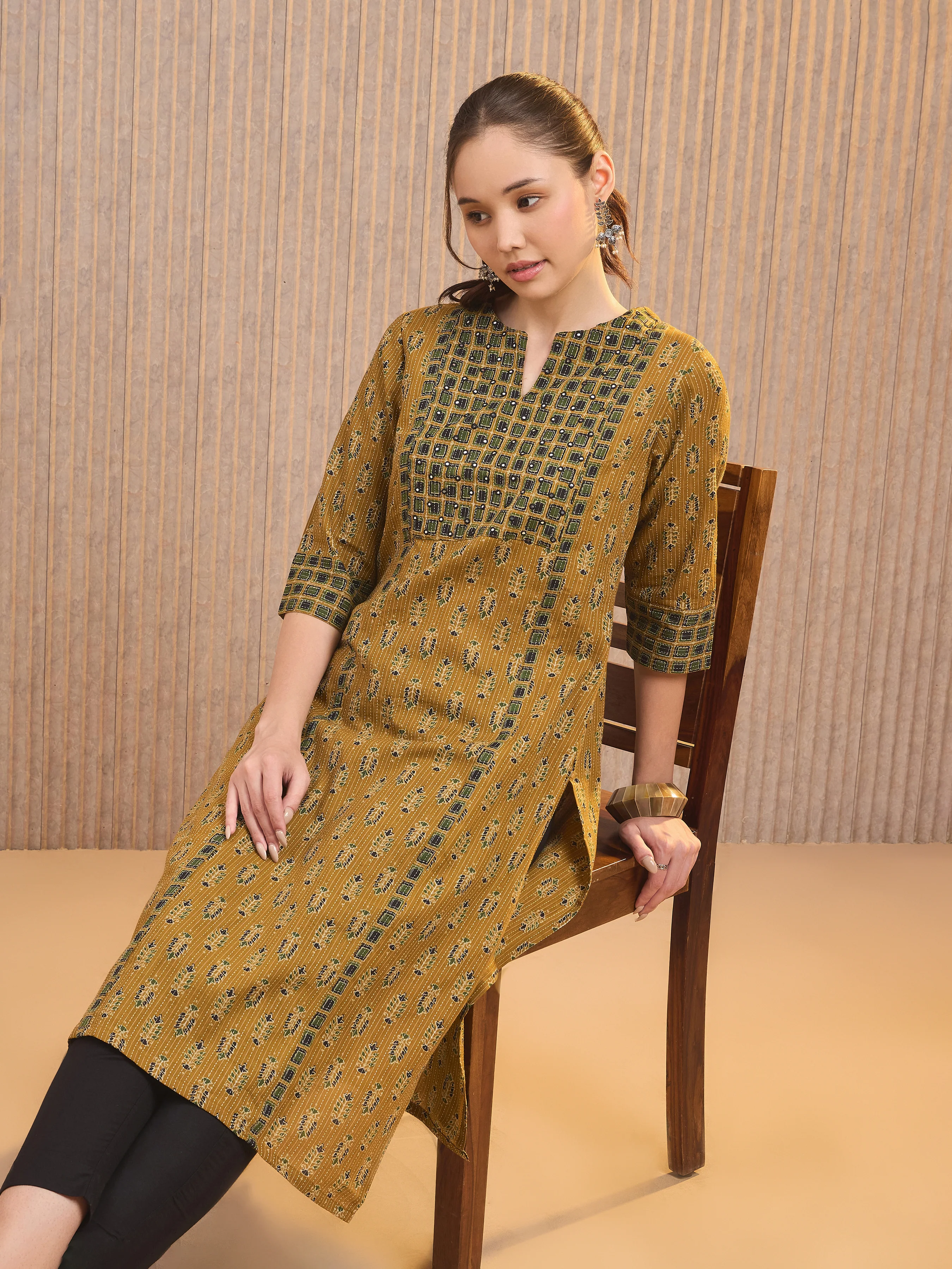 Mustard Yellow Cotton Katha Printed Kurti With Mirror Work Embroidery - Image 3