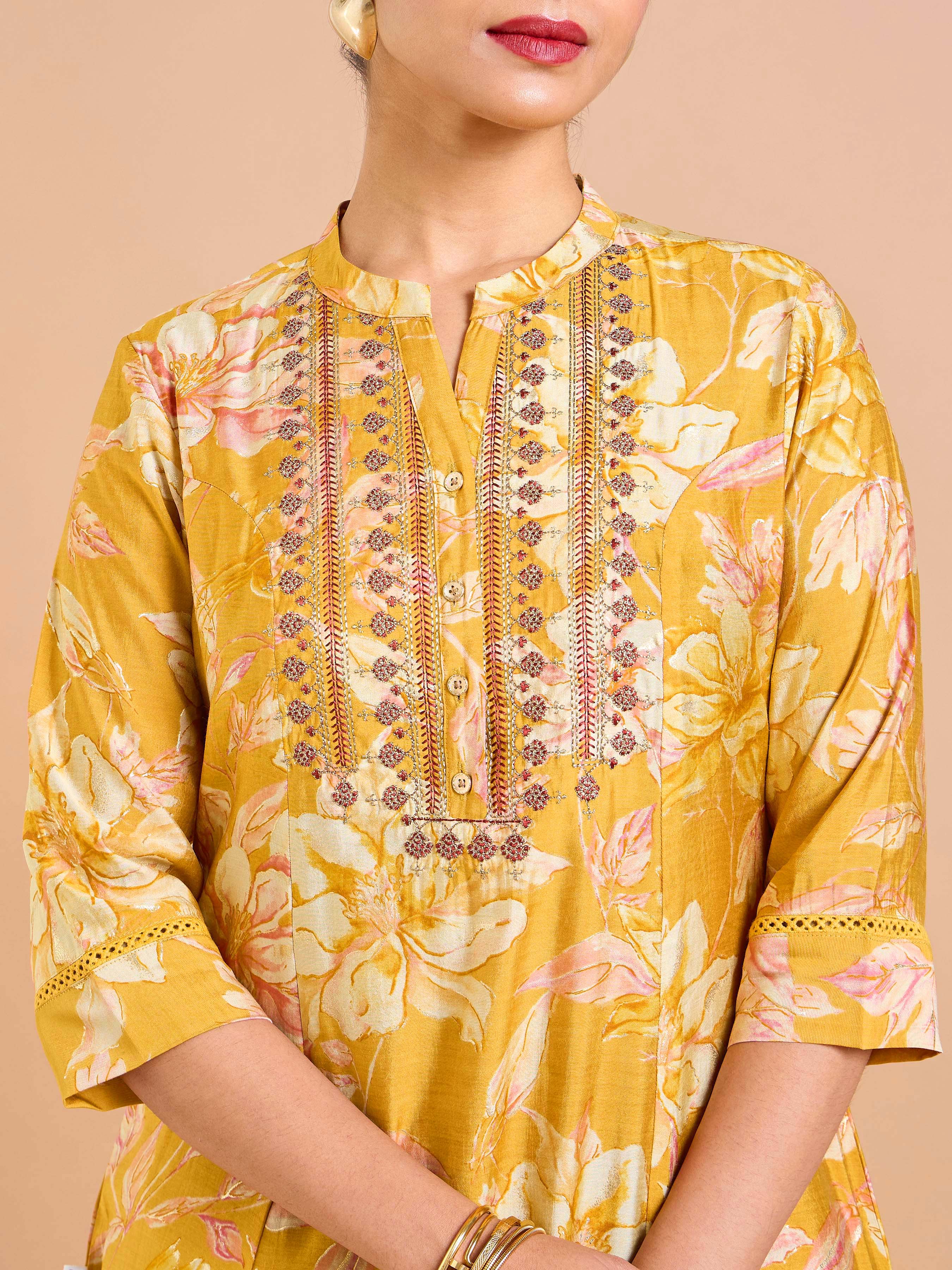 Mustard Yellow Modal Chanderi Printed Kurti With Embroidery - Image 2