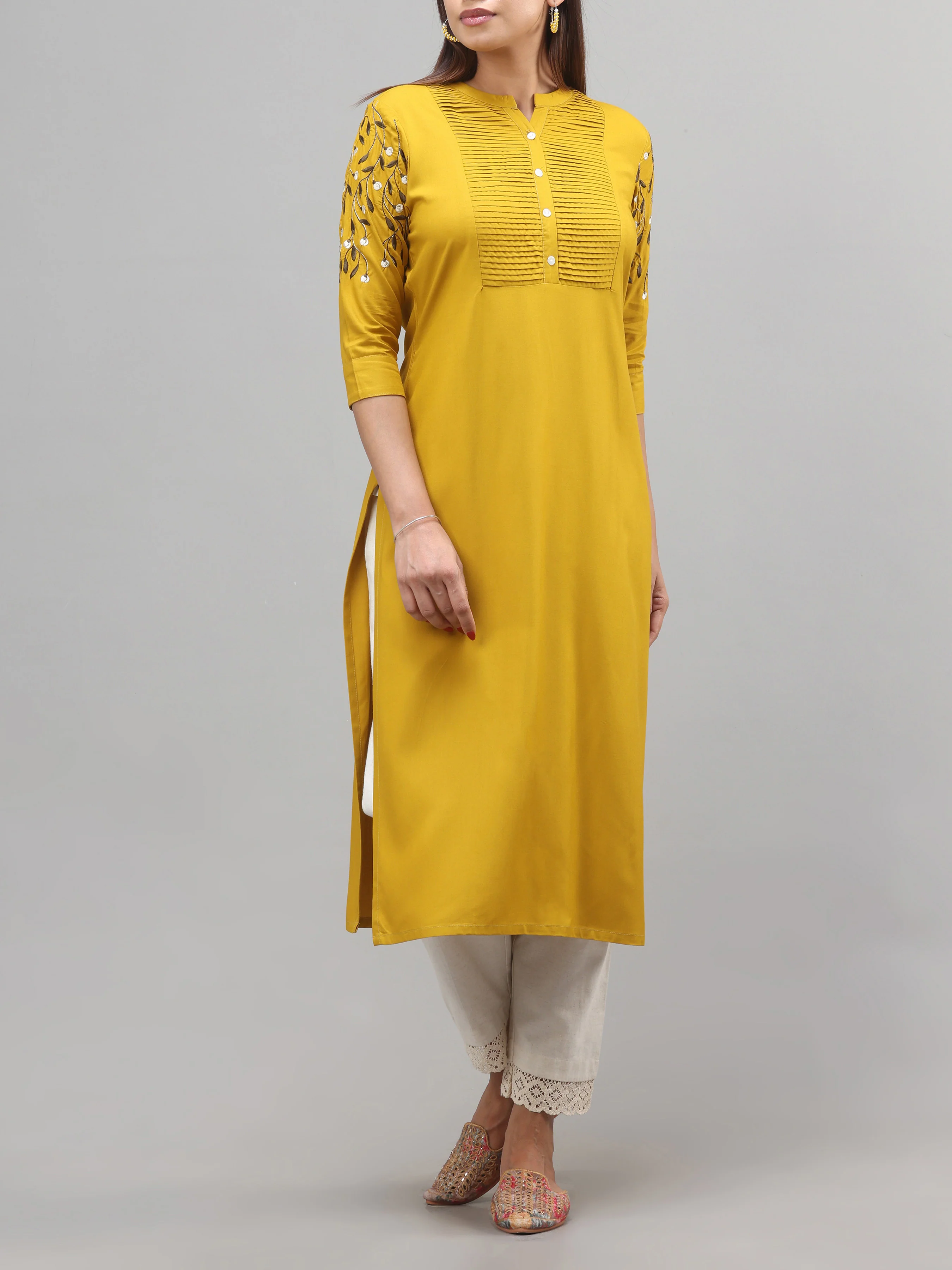 Mustard Yellow Viscose Kurti With Embroidery - Image 3