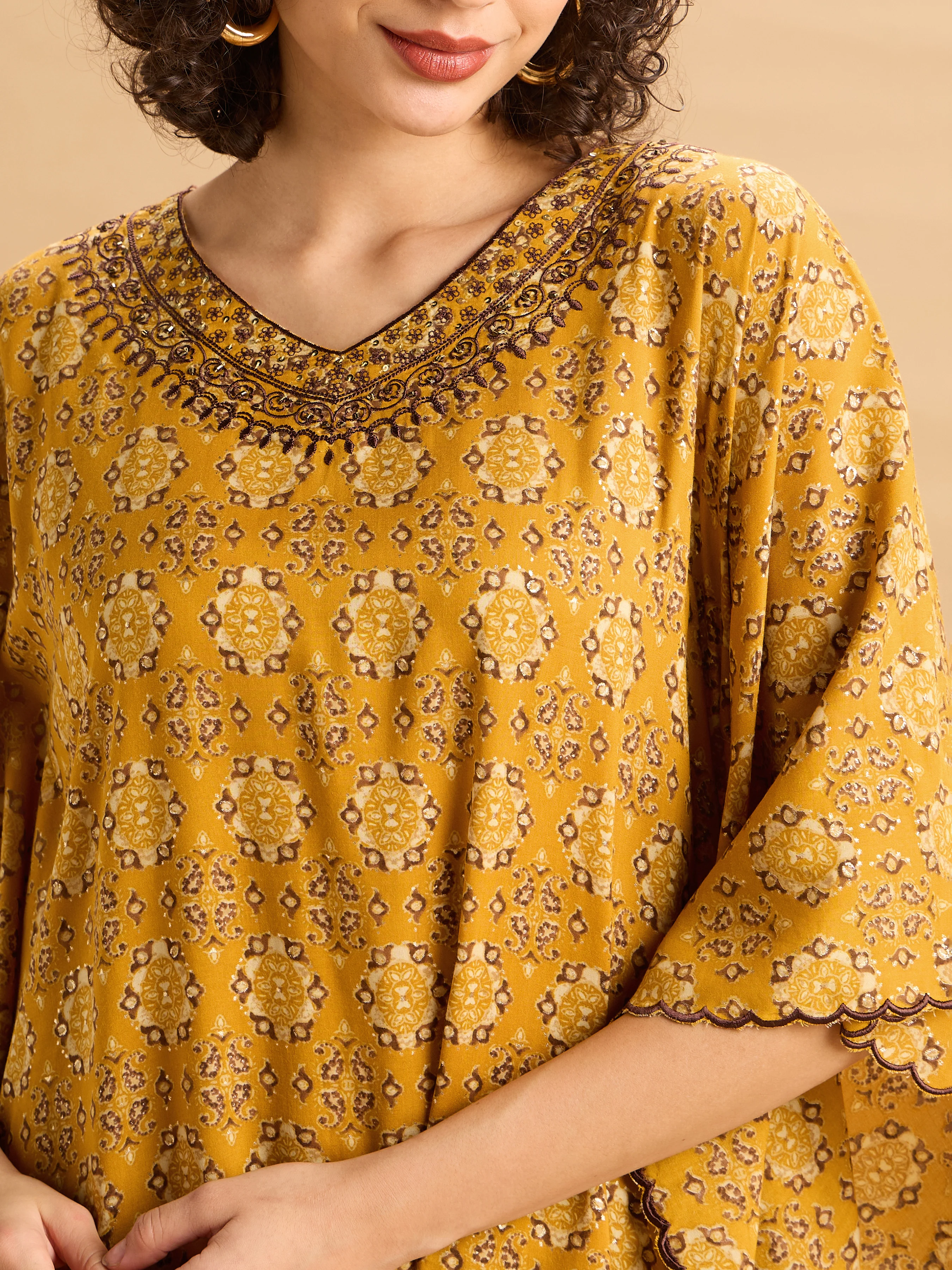Mustard Yellow Viscose Printed Kaftan Set With Hand Work Embroidery - Image 3