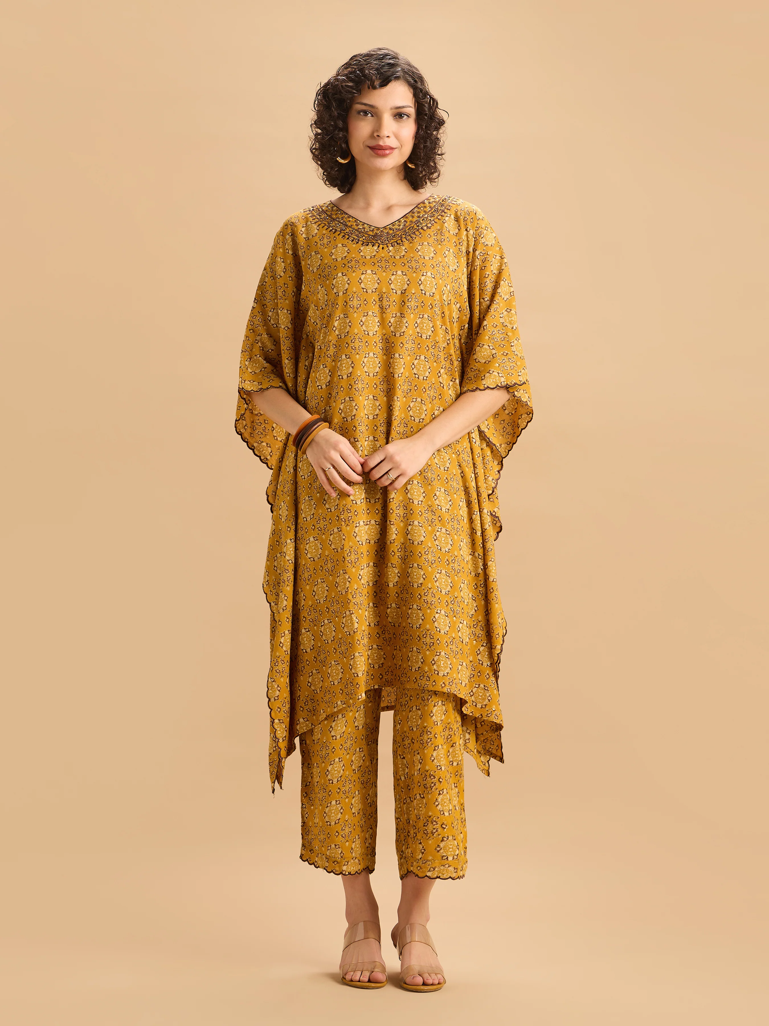 Mustard Yellow Viscose Printed Kaftan Set With Hand Work Embroidery - Image 4