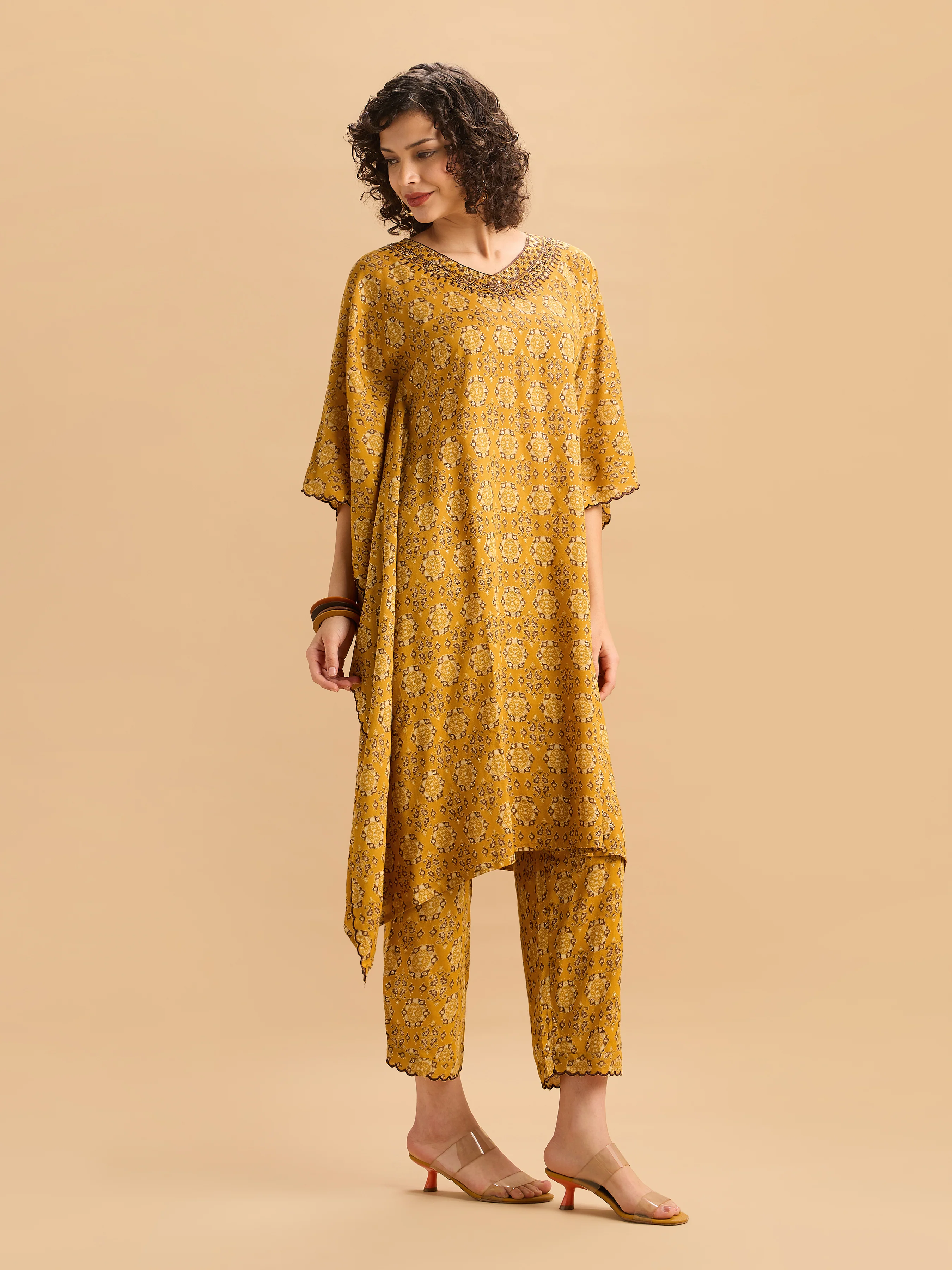 Mustard Yellow Viscose Printed Kaftan Set With Hand Work Embroidery - Image 5