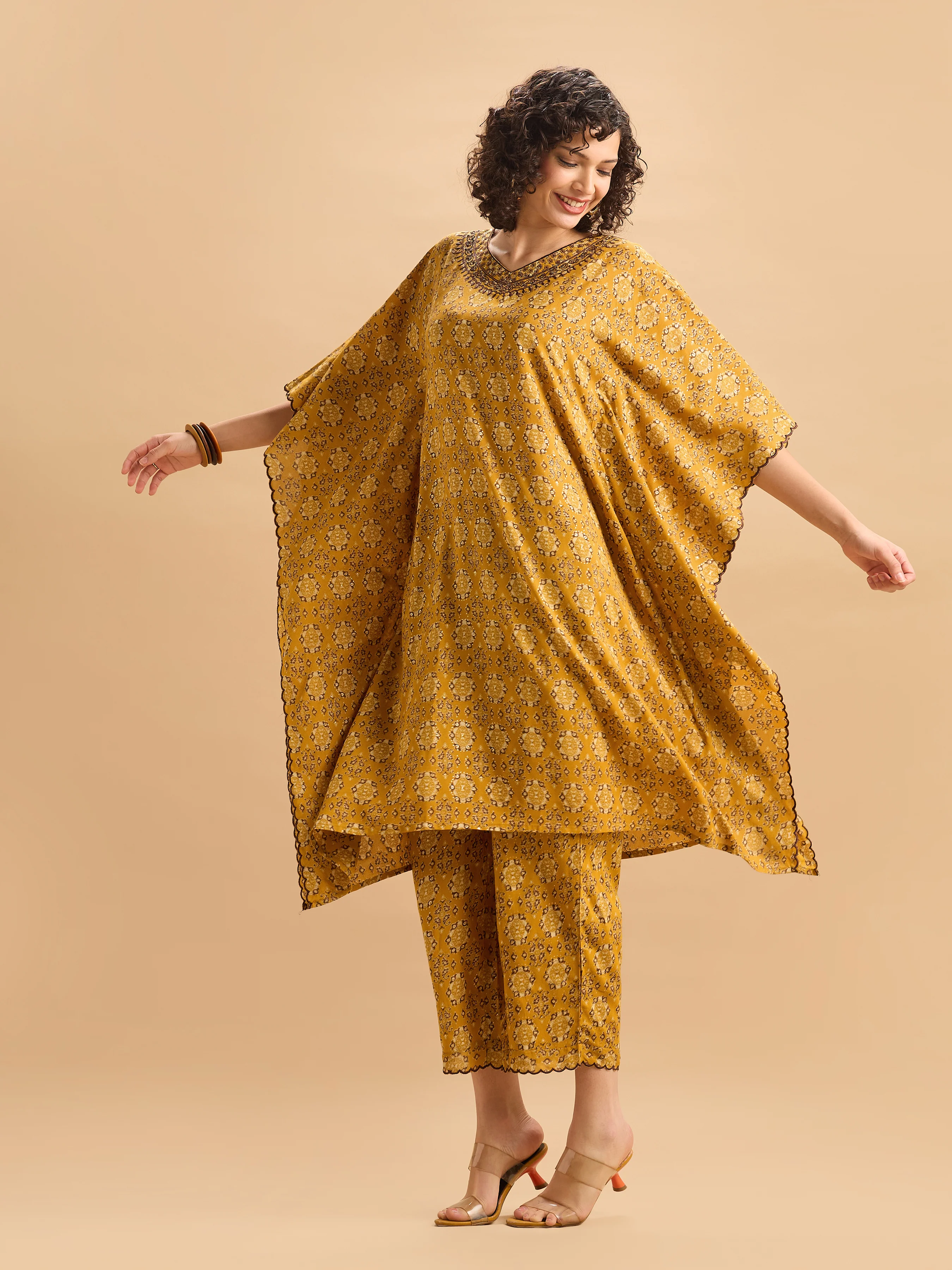 Mustard Yellow Viscose Printed Kaftan Set With Hand Work Embroidery - Image 6