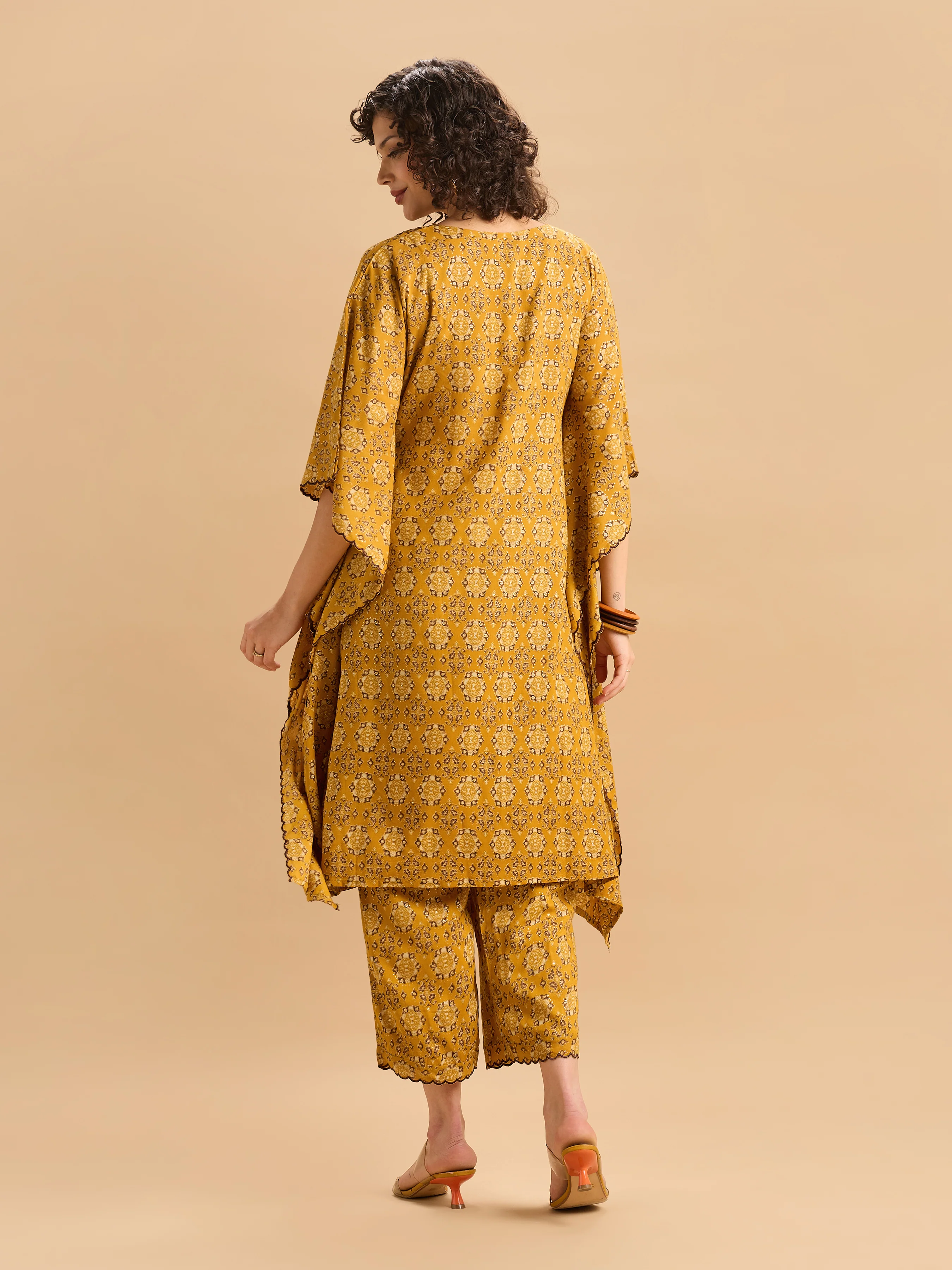 Mustard Yellow Viscose Printed Kaftan Set With Hand Work Embroidery - Image 7