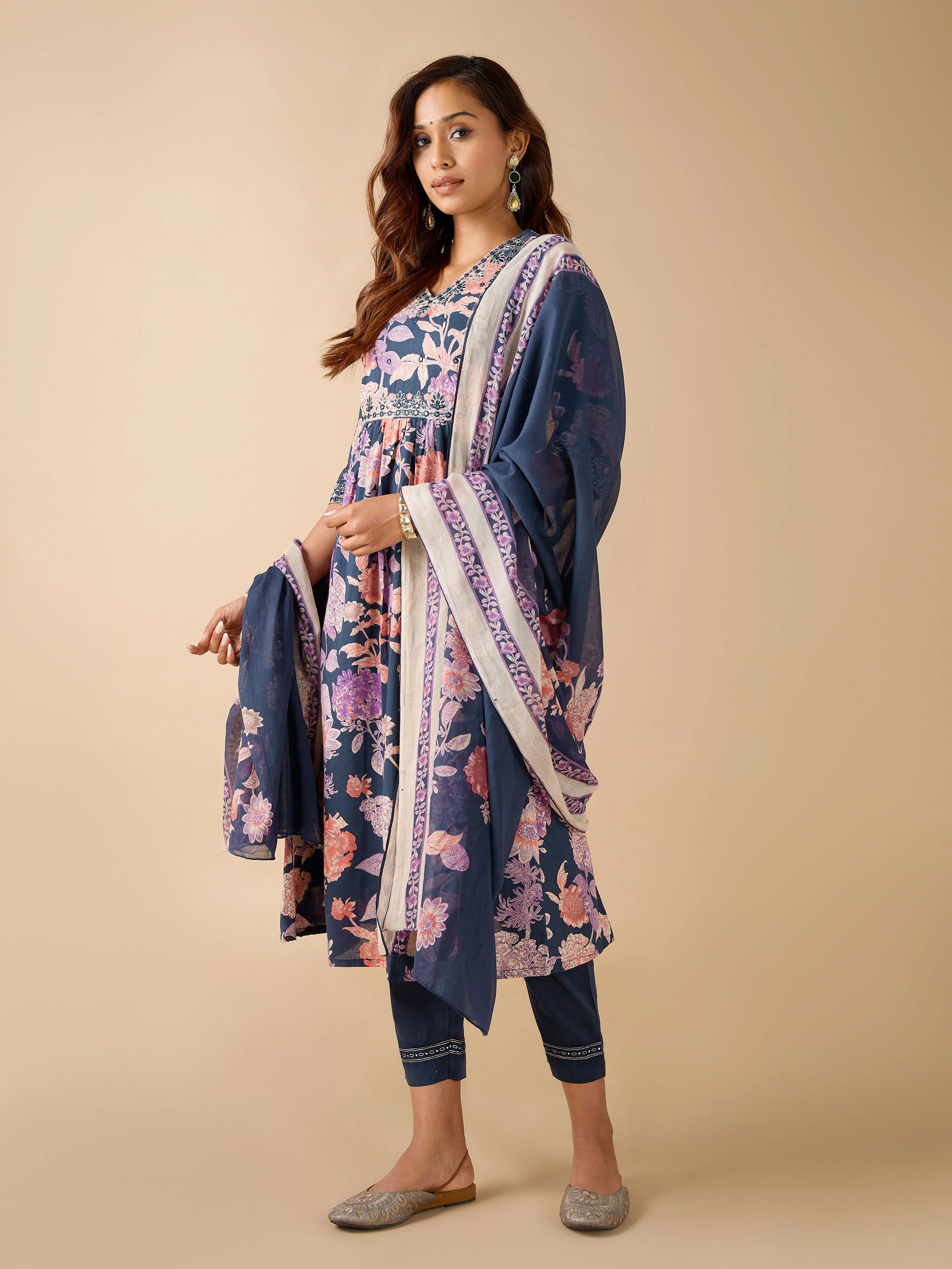 Navy Blue Pure Cotton Floral Printed Kurti Set & Dupatta With Mirror Work - Image 3