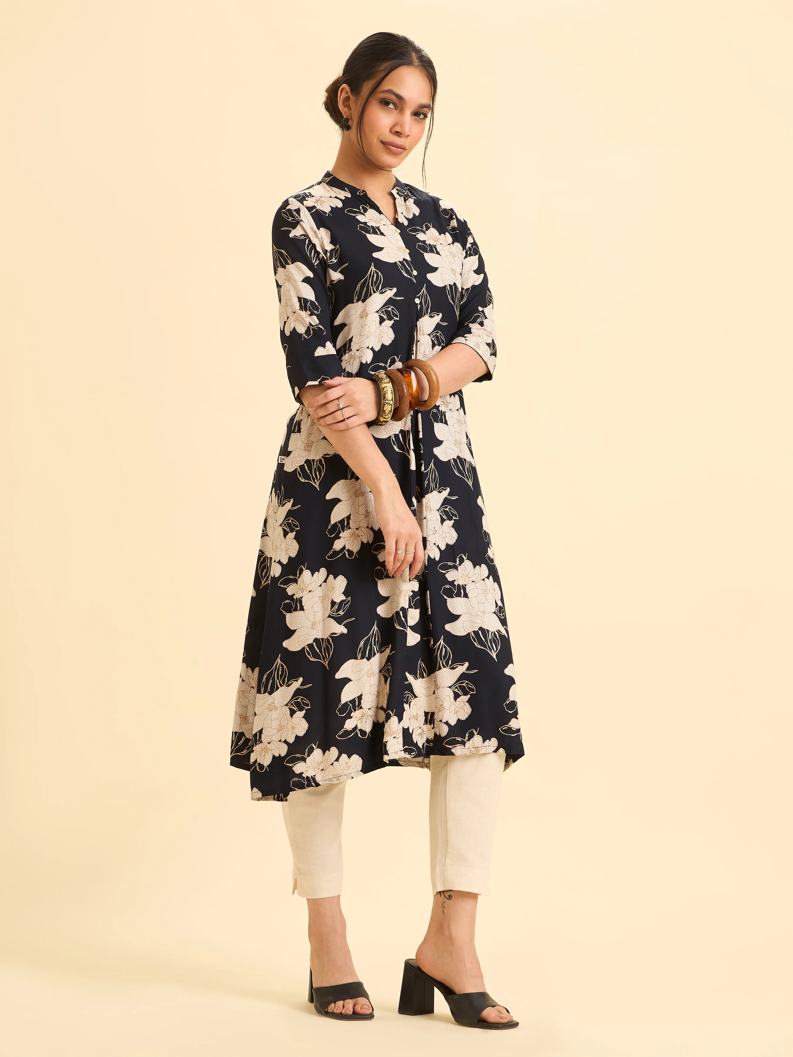 Navy Blue And Ivory Viscose Printed Flared Angrakha Kurti - Image 4