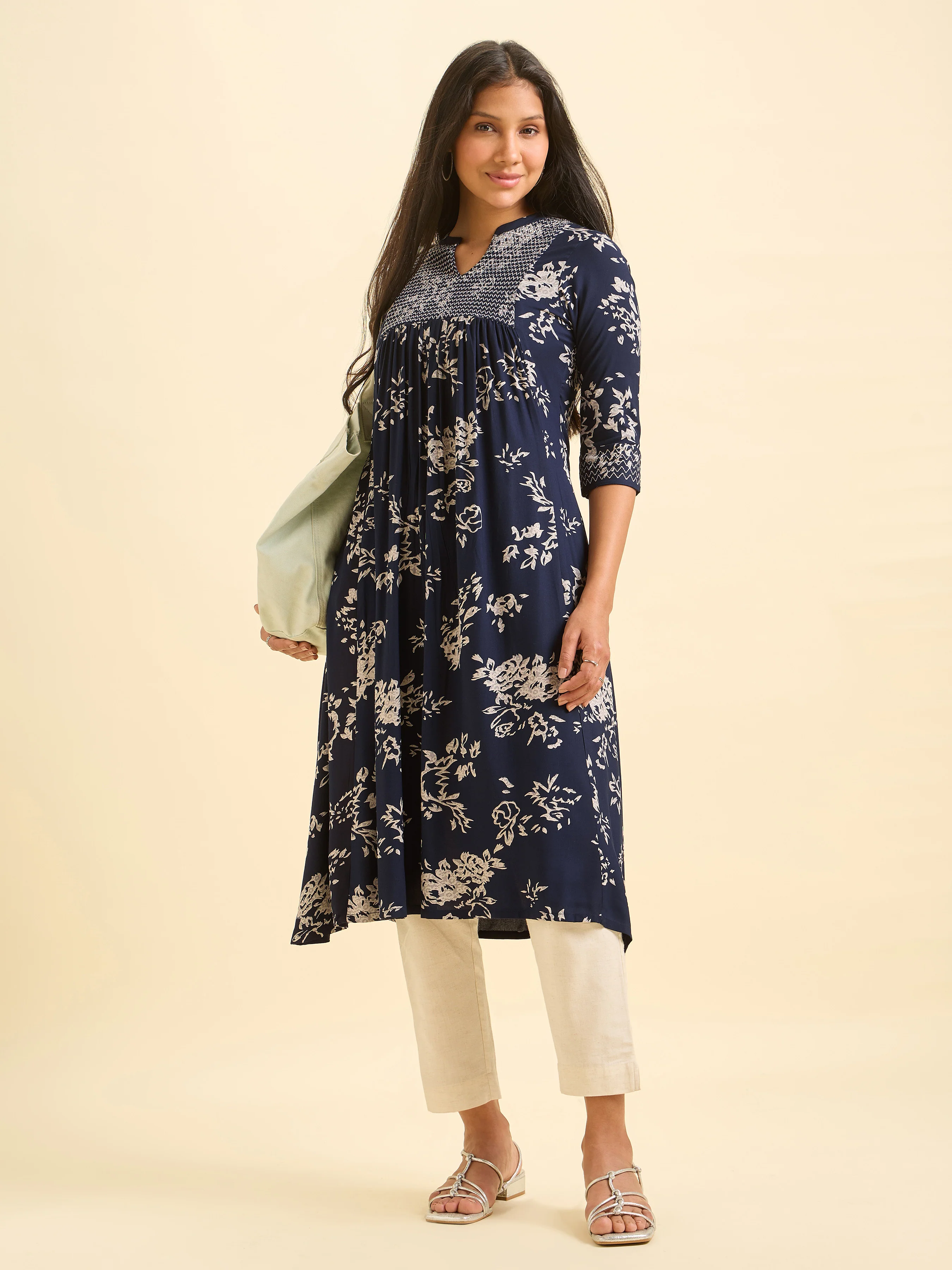 Navy Blue And Ivory Viscose Printed Flared Kurti With Smocking Embroidery - Image 3