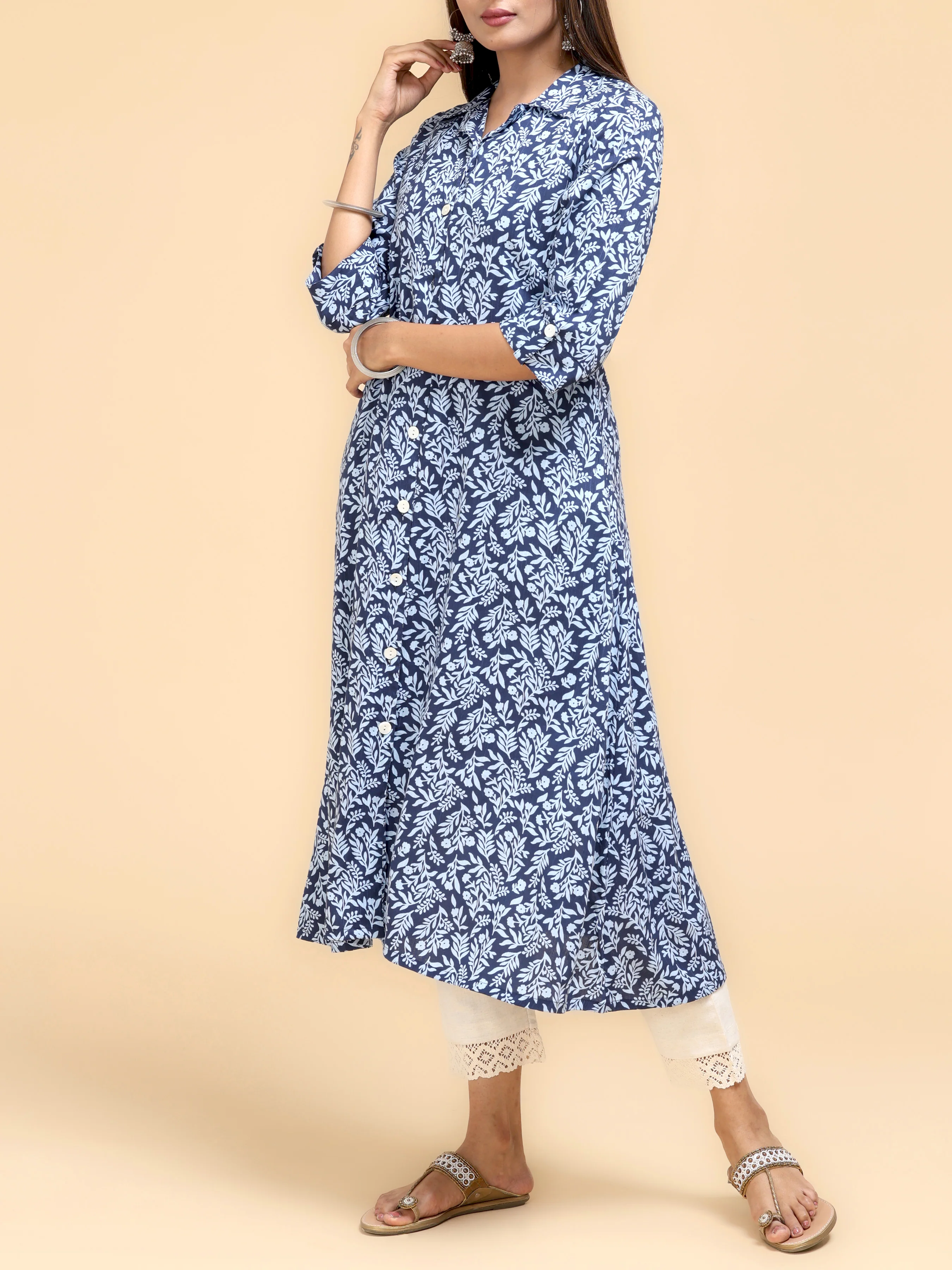 Navy Blue Cotton Viscose Kurti With Print - Image 4