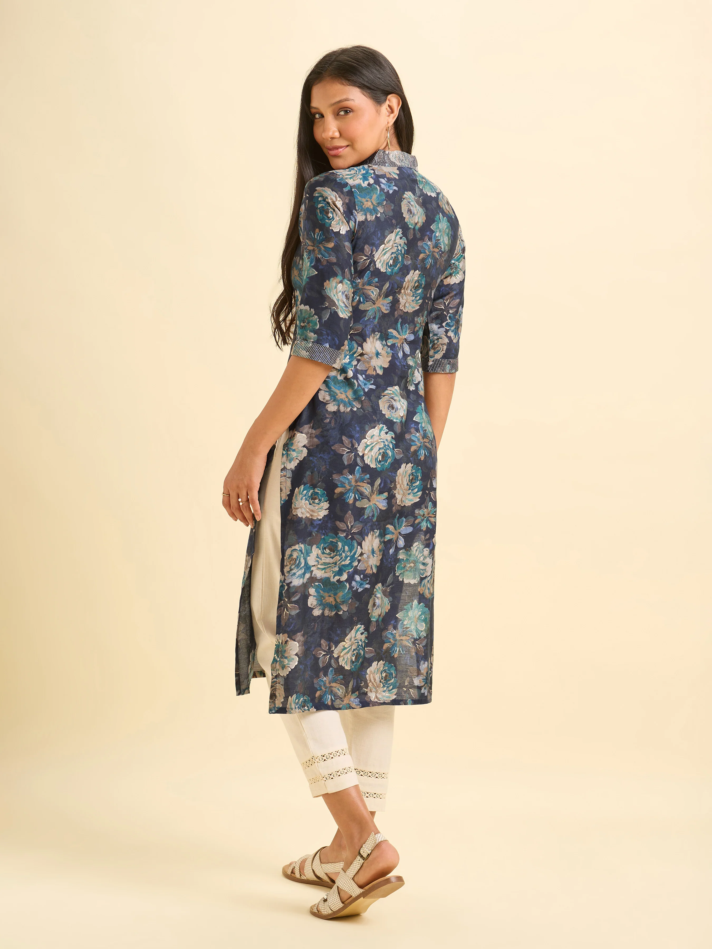 Navy Blue Modal Chanderi Printed Slitted Kurti With Embroidery - Image 6