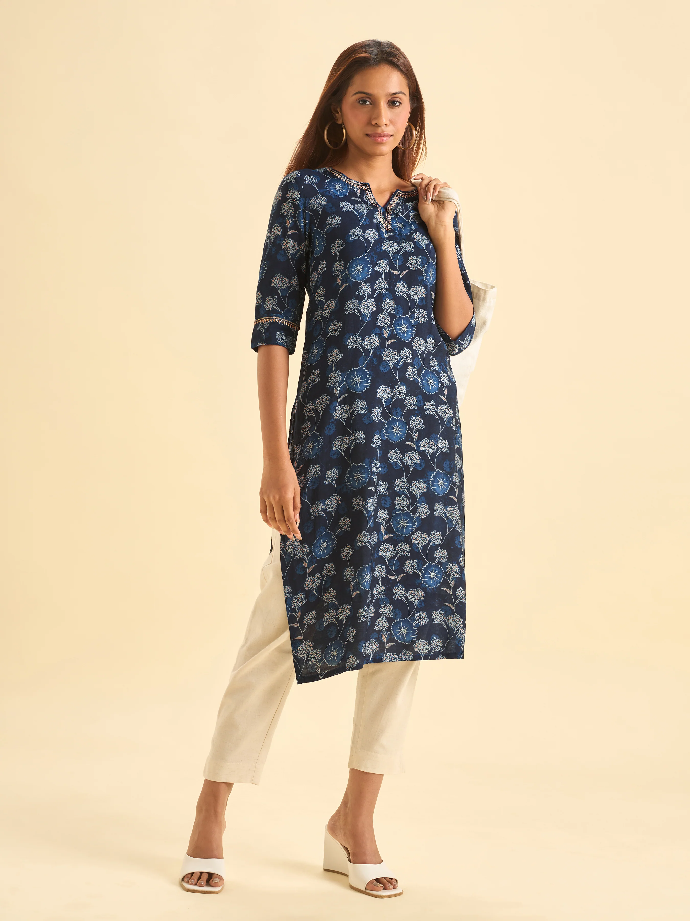 Navy Blue Modal Chanderi Slitted Printed Kurti With Embroidery - Image 4