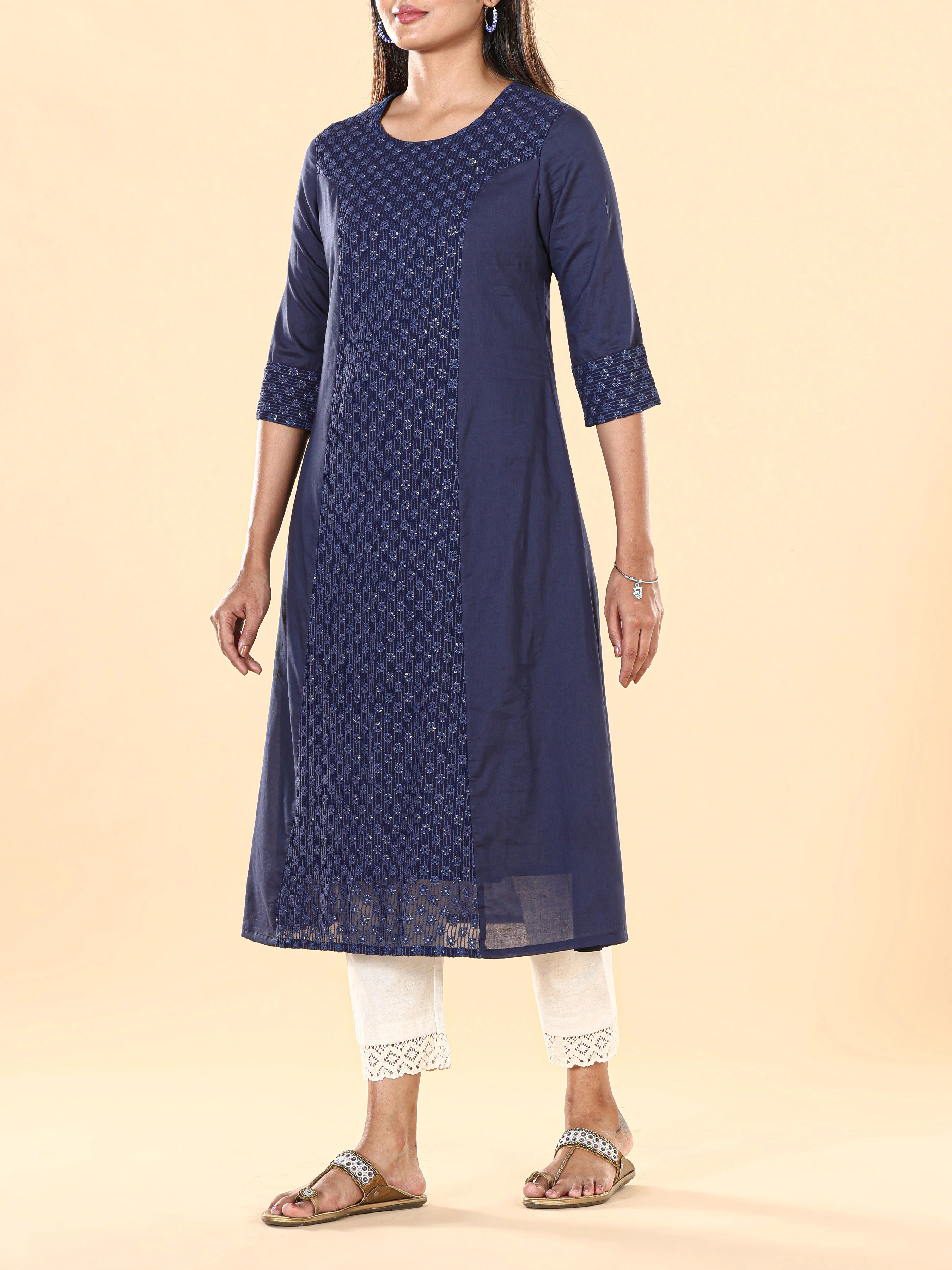 Navy Blue Pure Cotton Kurti With Sequins Work - Image 3