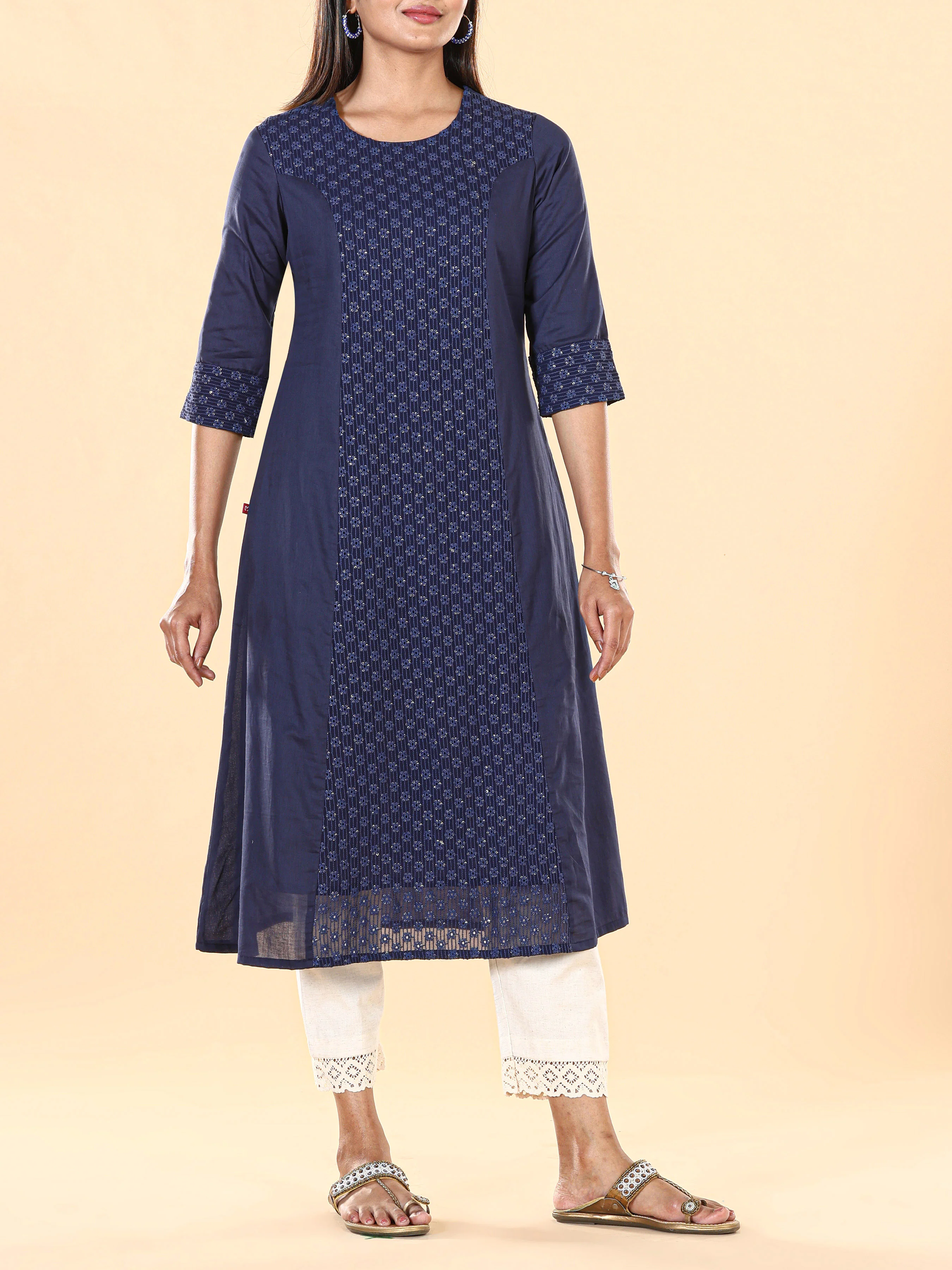 Navy Blue Pure Cotton Kurti With Sequins Work - Image 4