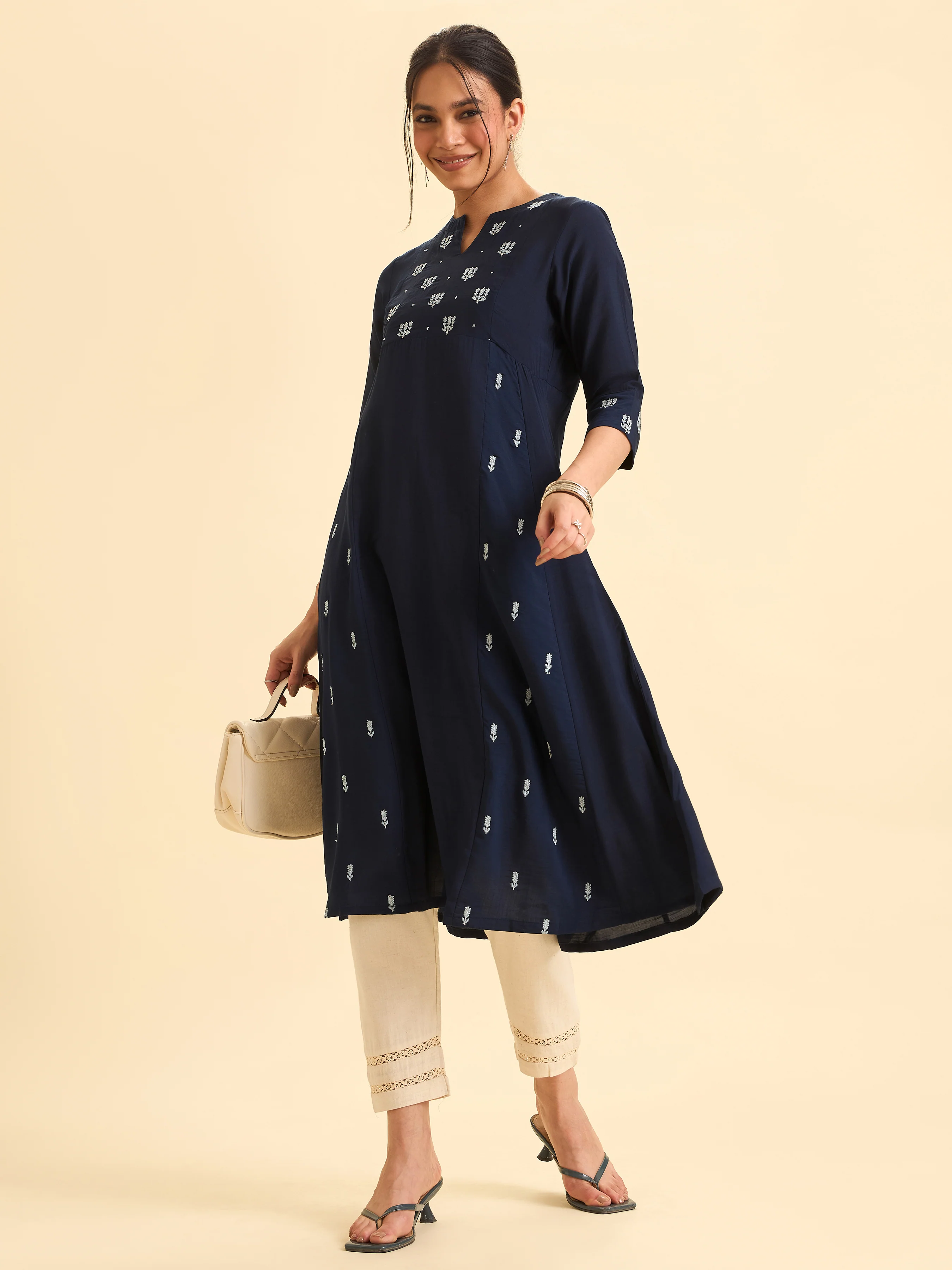 Navy Blue Viscose Blend Flared Kurti With Embroidery - Image 3