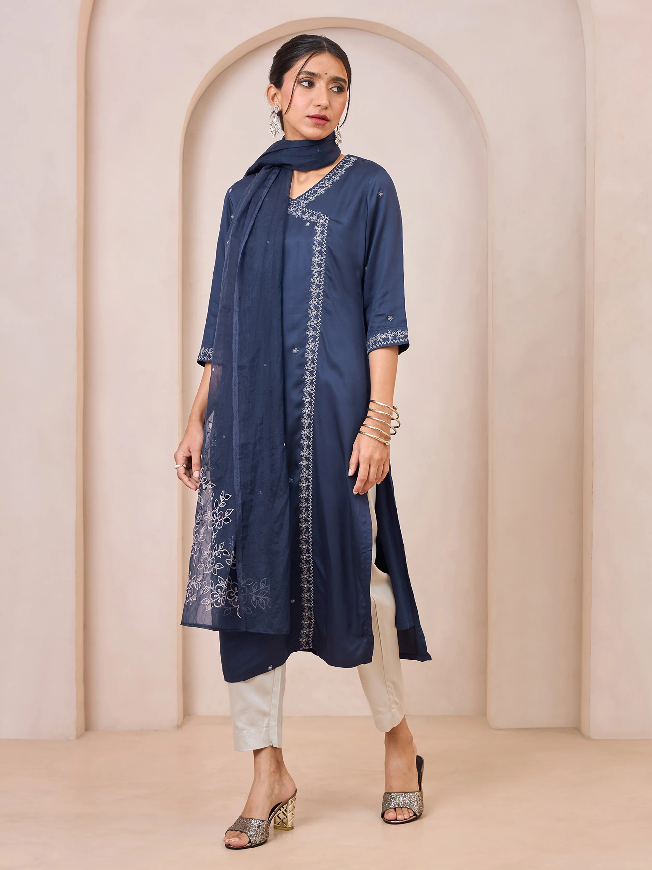 Navy Blue Viscose Plain Kurti Set & Dupatta With Hand Work Embroidery - Image 5