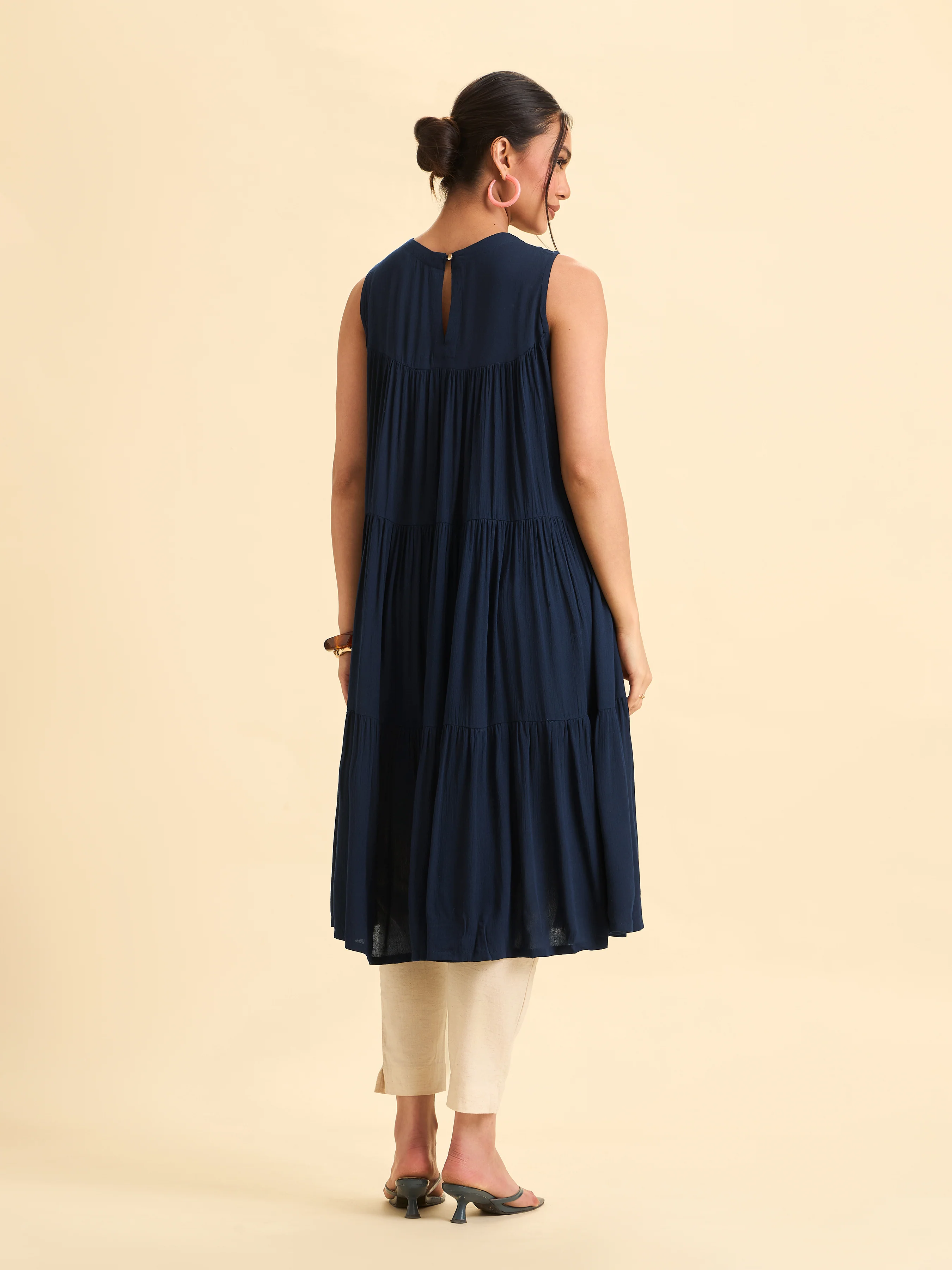 Navy Blue Wrinkle Viscose Plain Flared Tiered Cut Kurti With Sequins Embroidery - Image 6