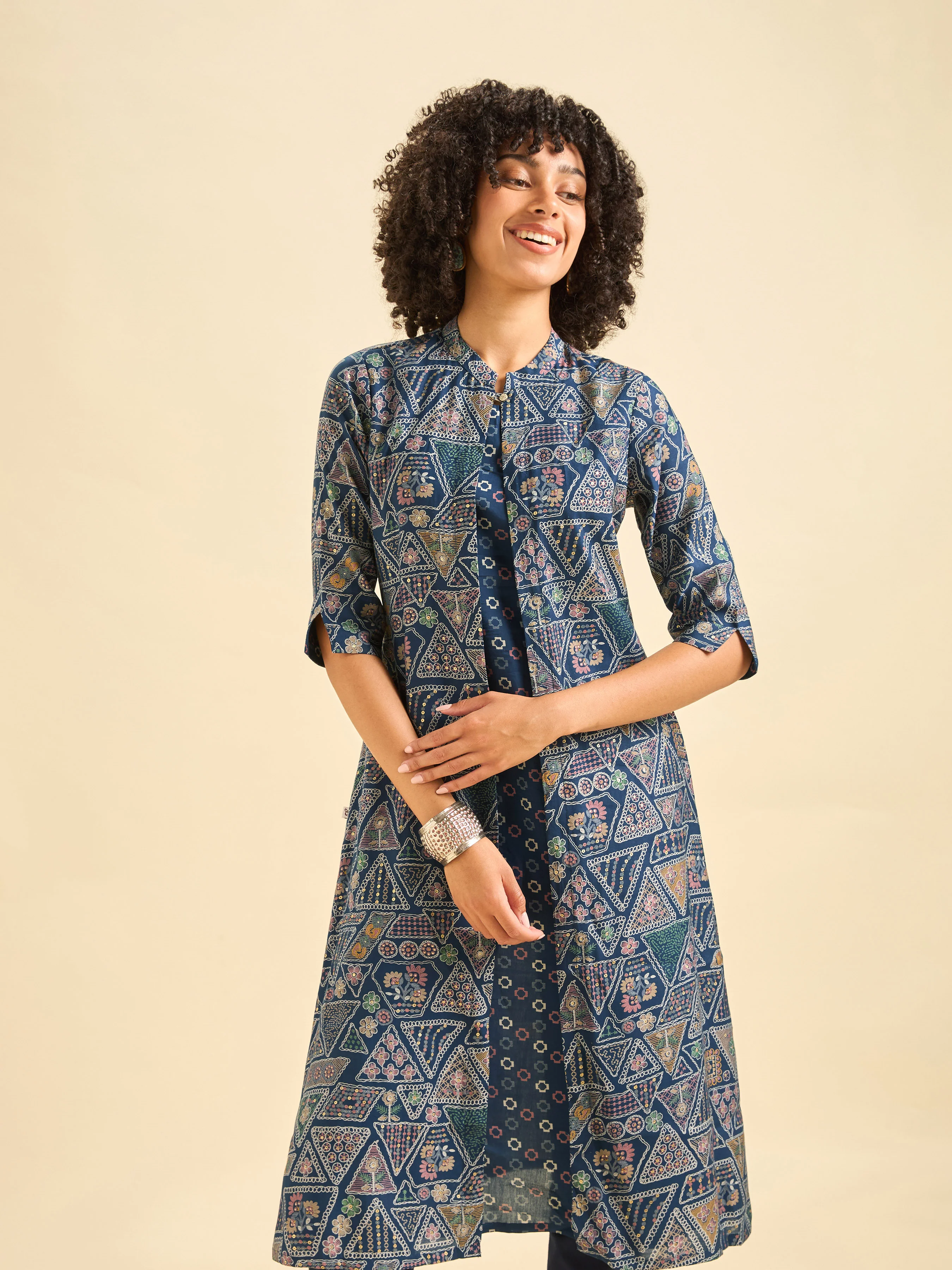 Navy Blue Multi Viscose Blend Printed Flared Kurti. - Image 4