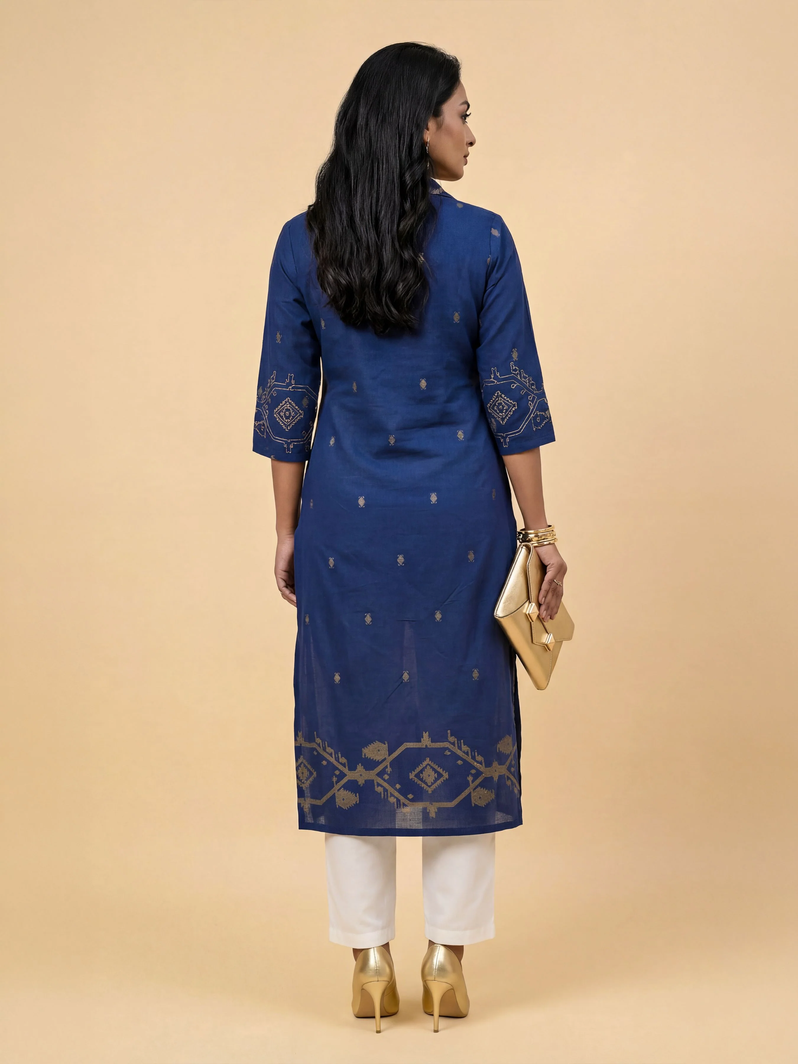 Navy Mustard Cotton Dobby Plain Center Panel Kurti With Embroidery - Image 6