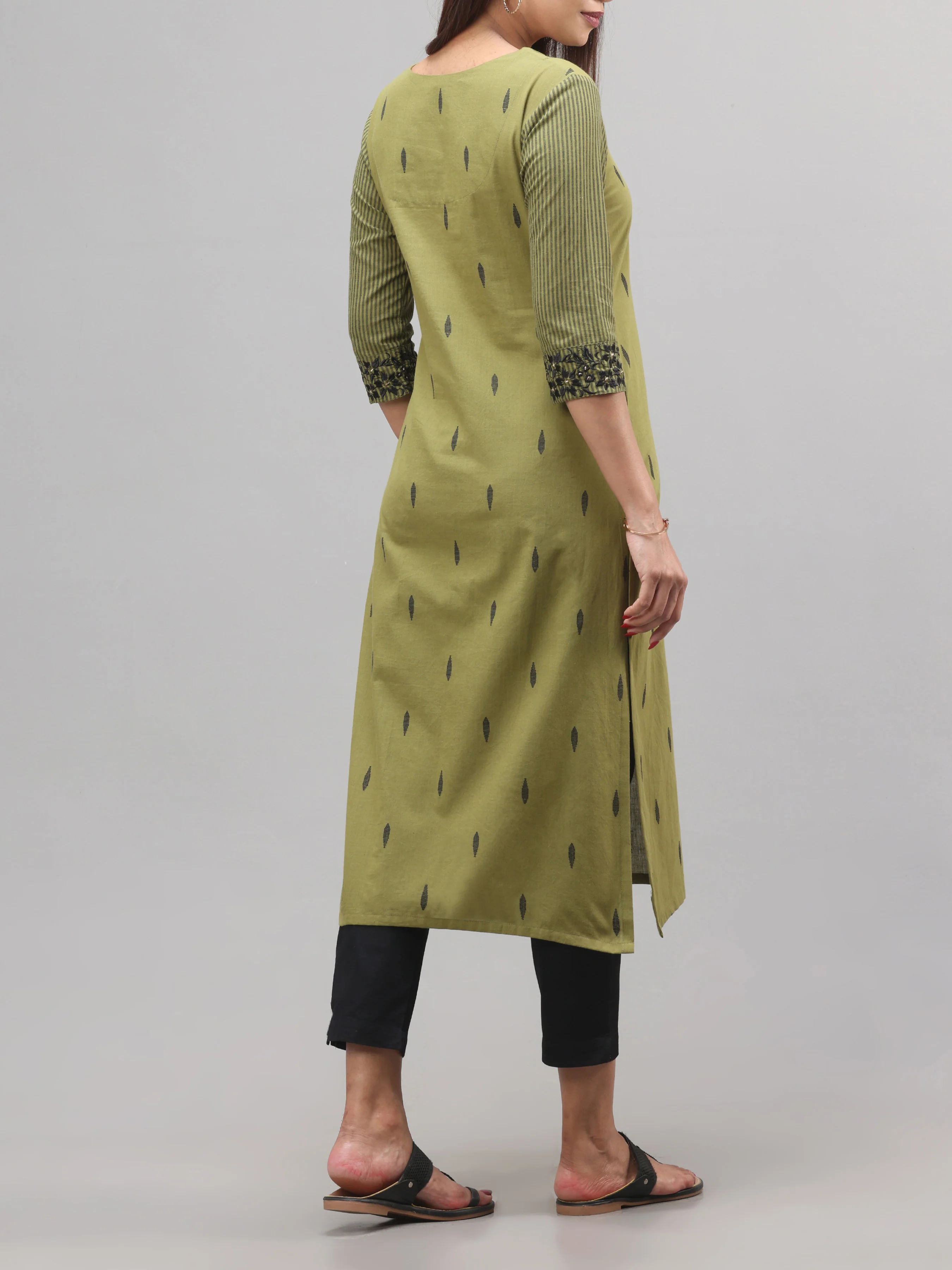 Olive Green Cotton Dobby Kurti With Print - Image 6