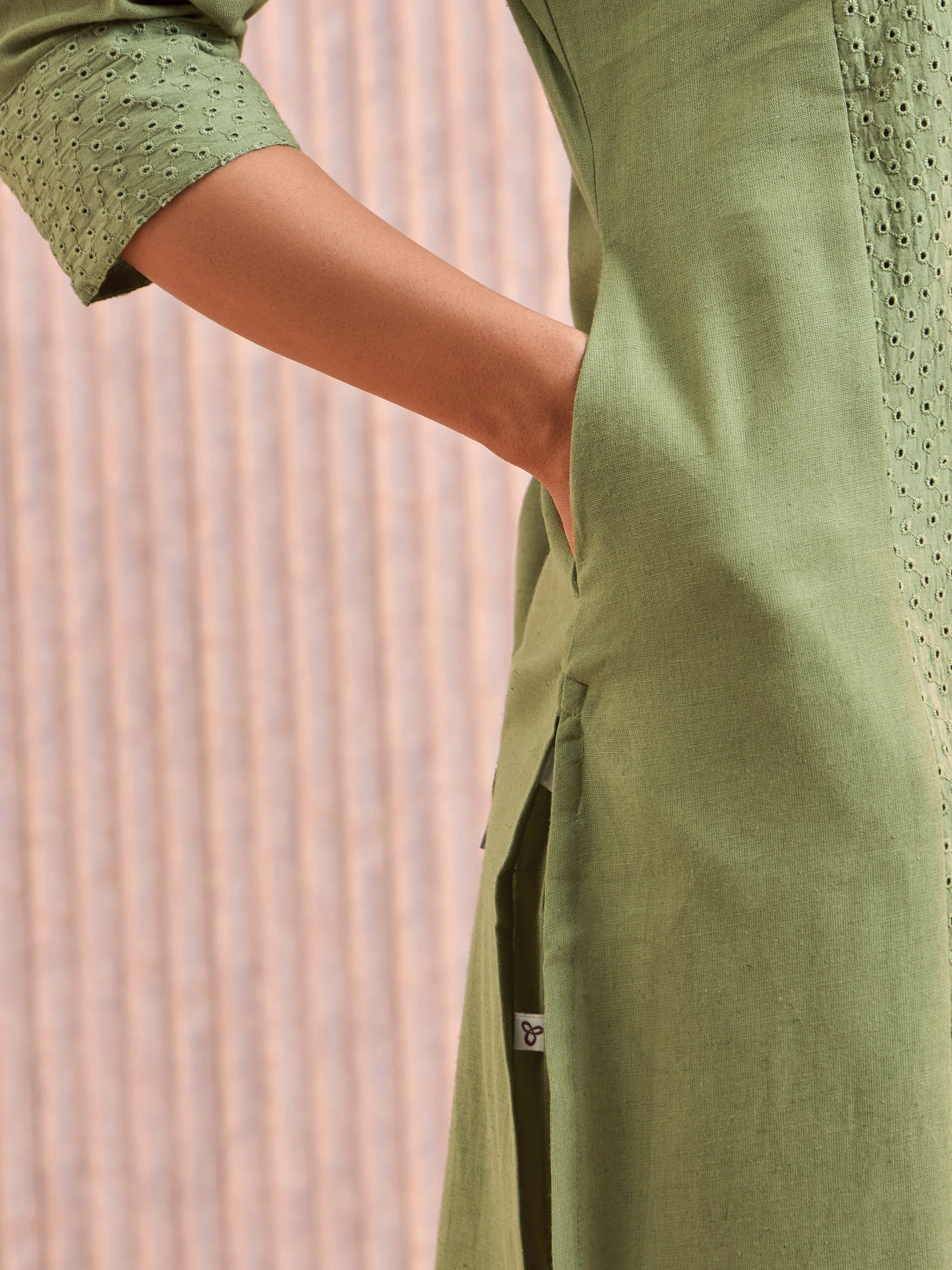 Olive Green Cotton Flax Kurti & Bottom With Lace - Image 5