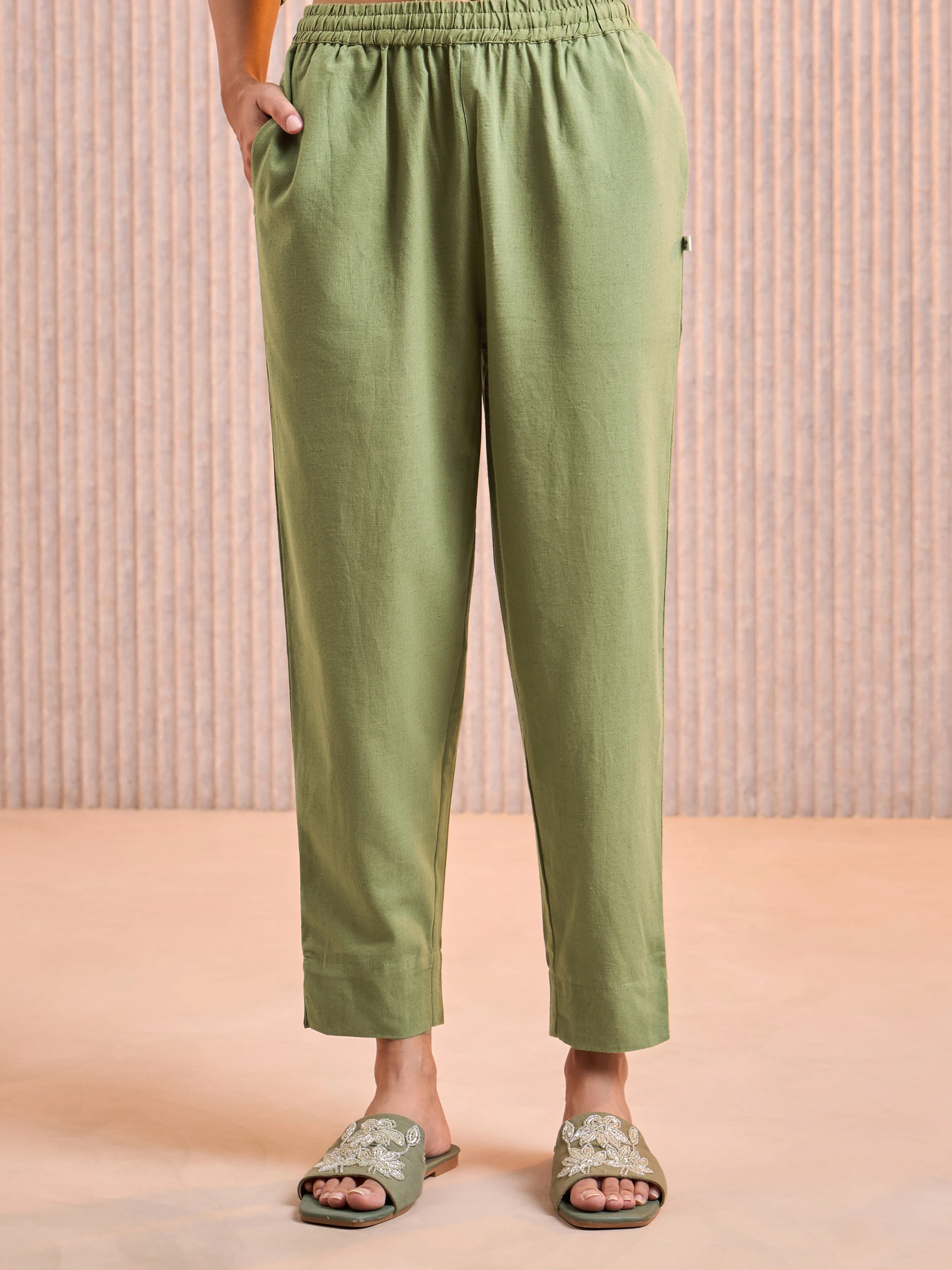 Olive Green Cotton Flax Kurti & Bottom With Lace - Image 7