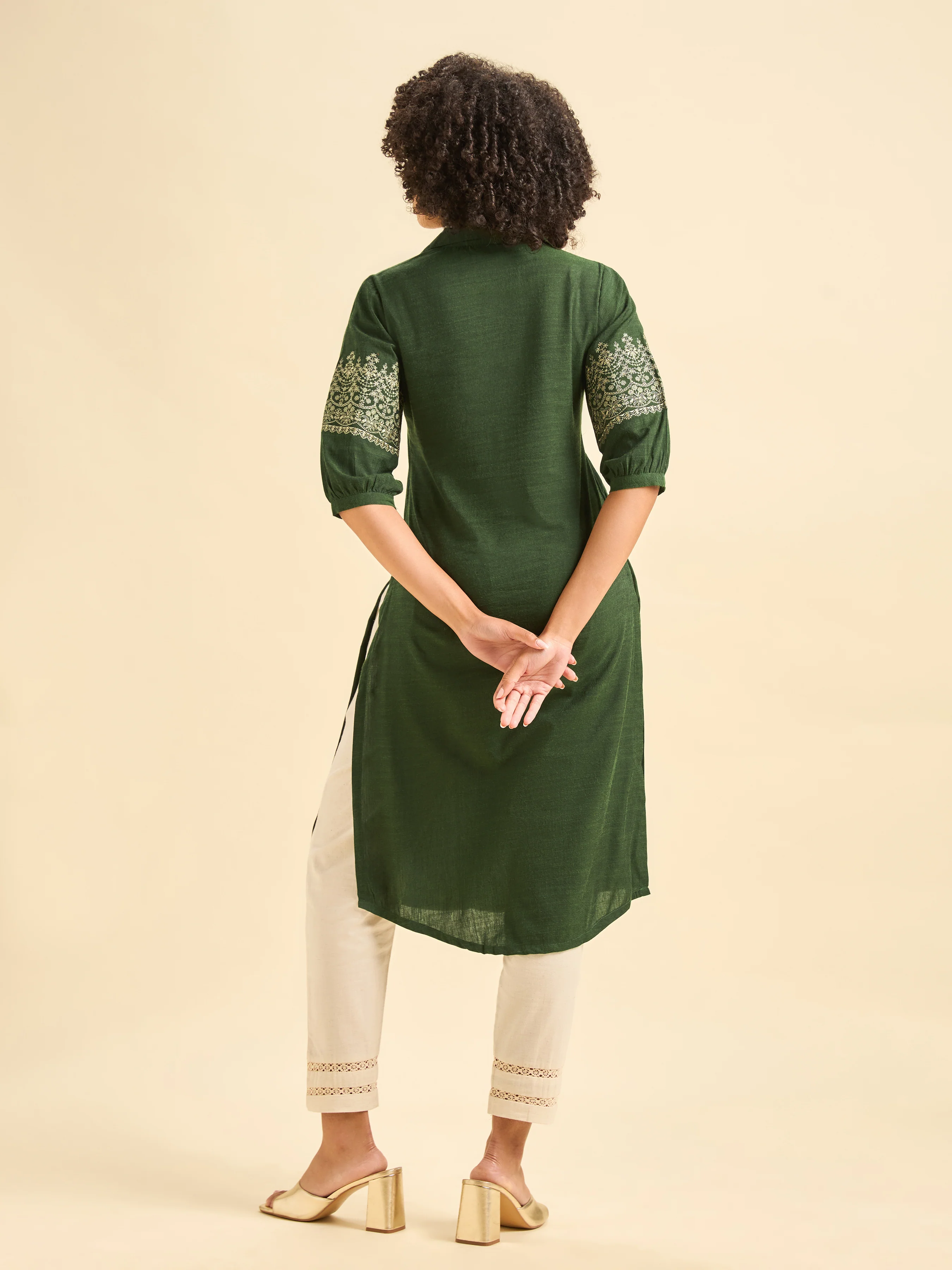 Olive Green Cotton Viscose Kurti With Embroidery - Image 6