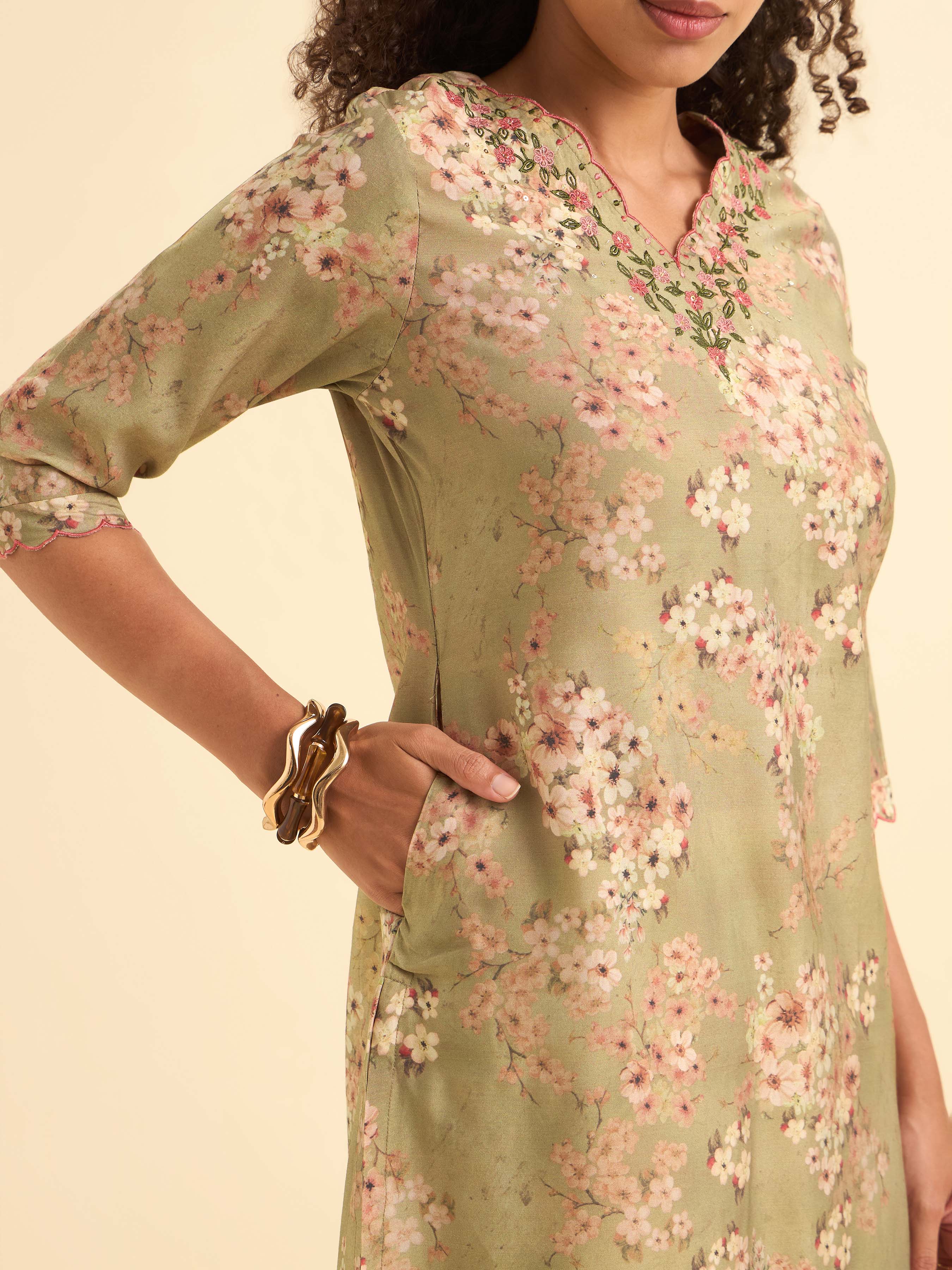 Olive Green Multi Colour Modal Chanderi Printed Slitted Kurti With Embroidery Sequins Work - Image 3