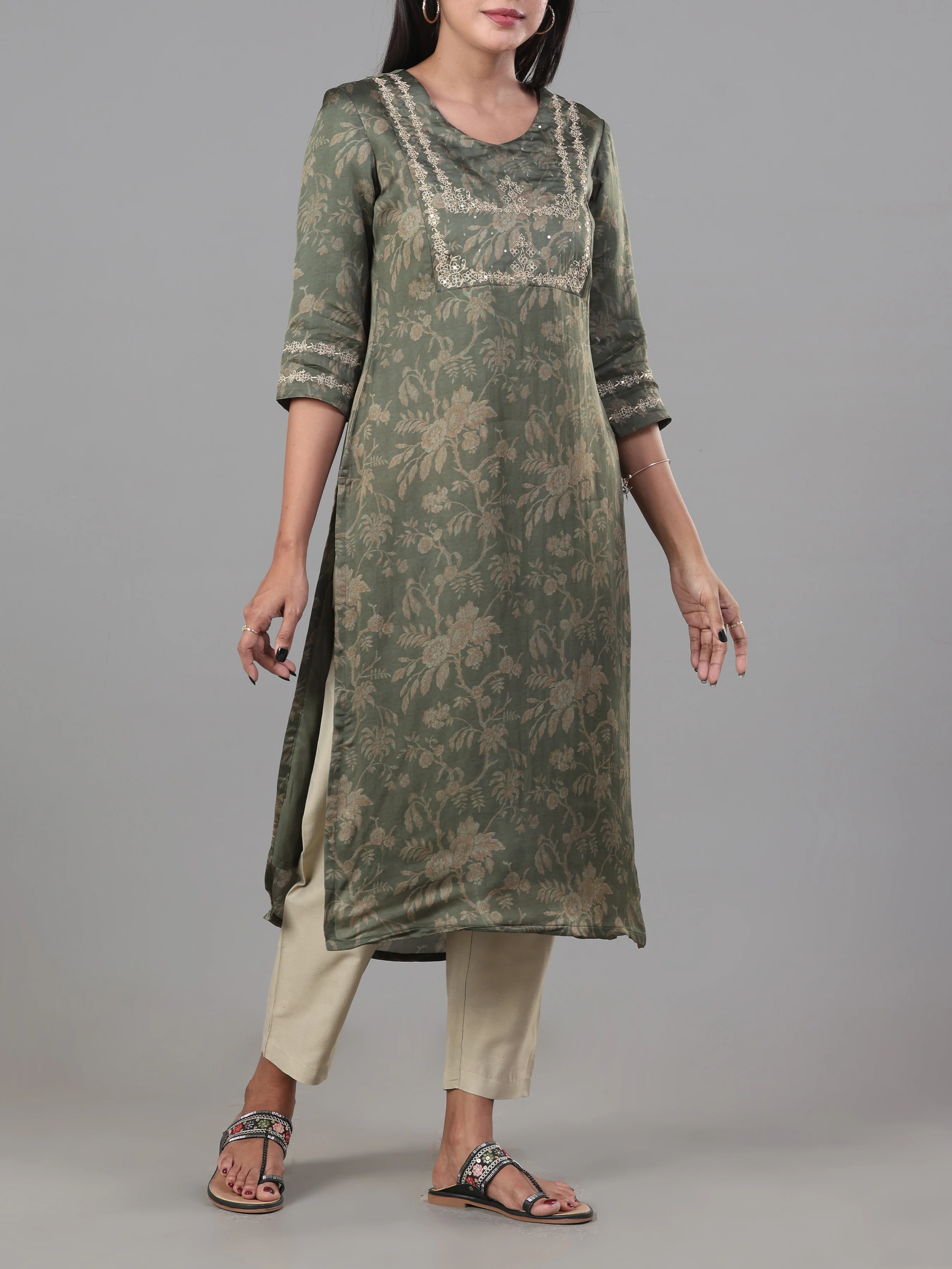 Olive Green Organza Satin Kurti With Embroidery And Matching Bottom - Image 3