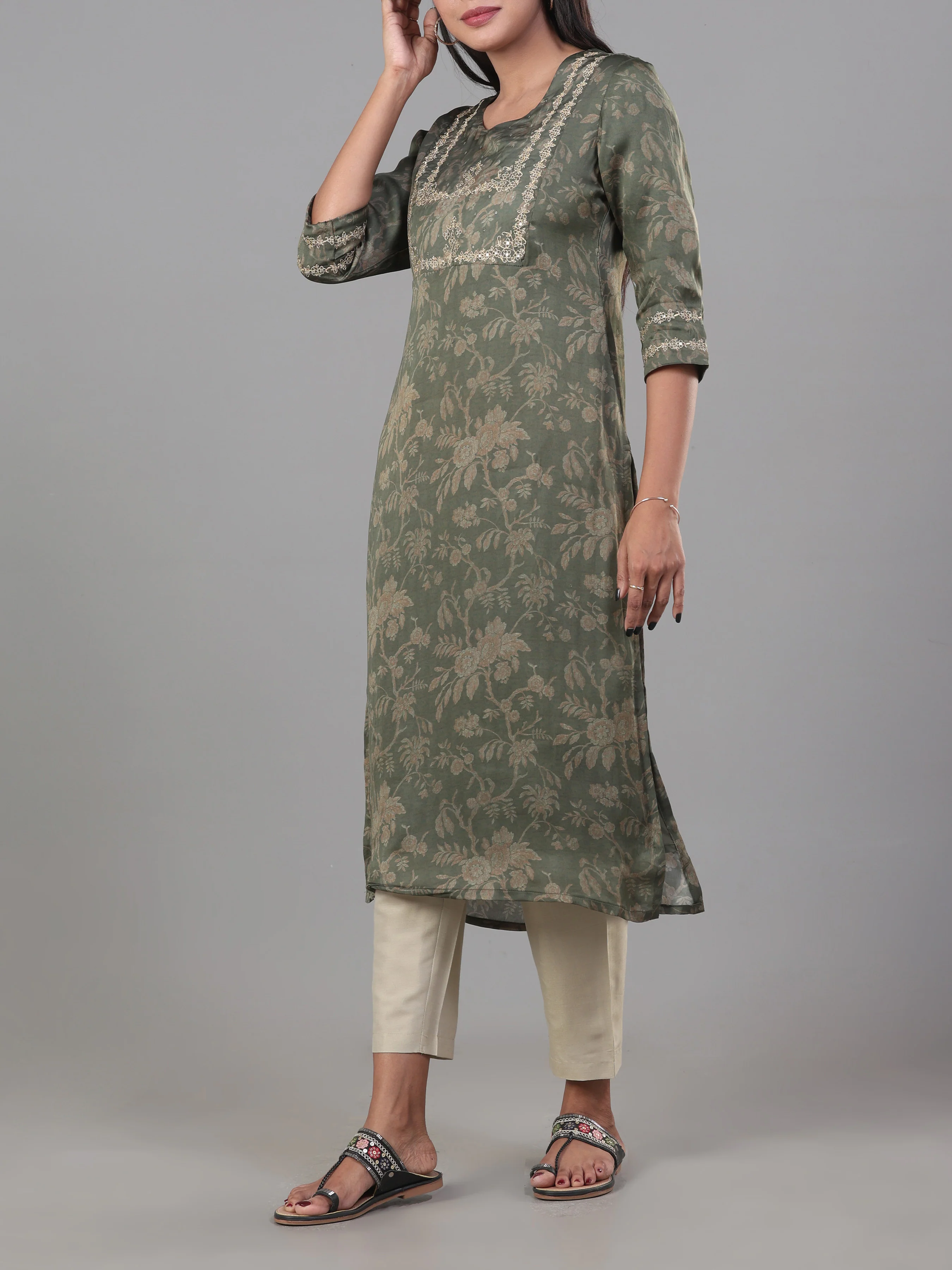 Olive Green Organza Satin Kurti With Embroidery And Matching Bottom - Image 4